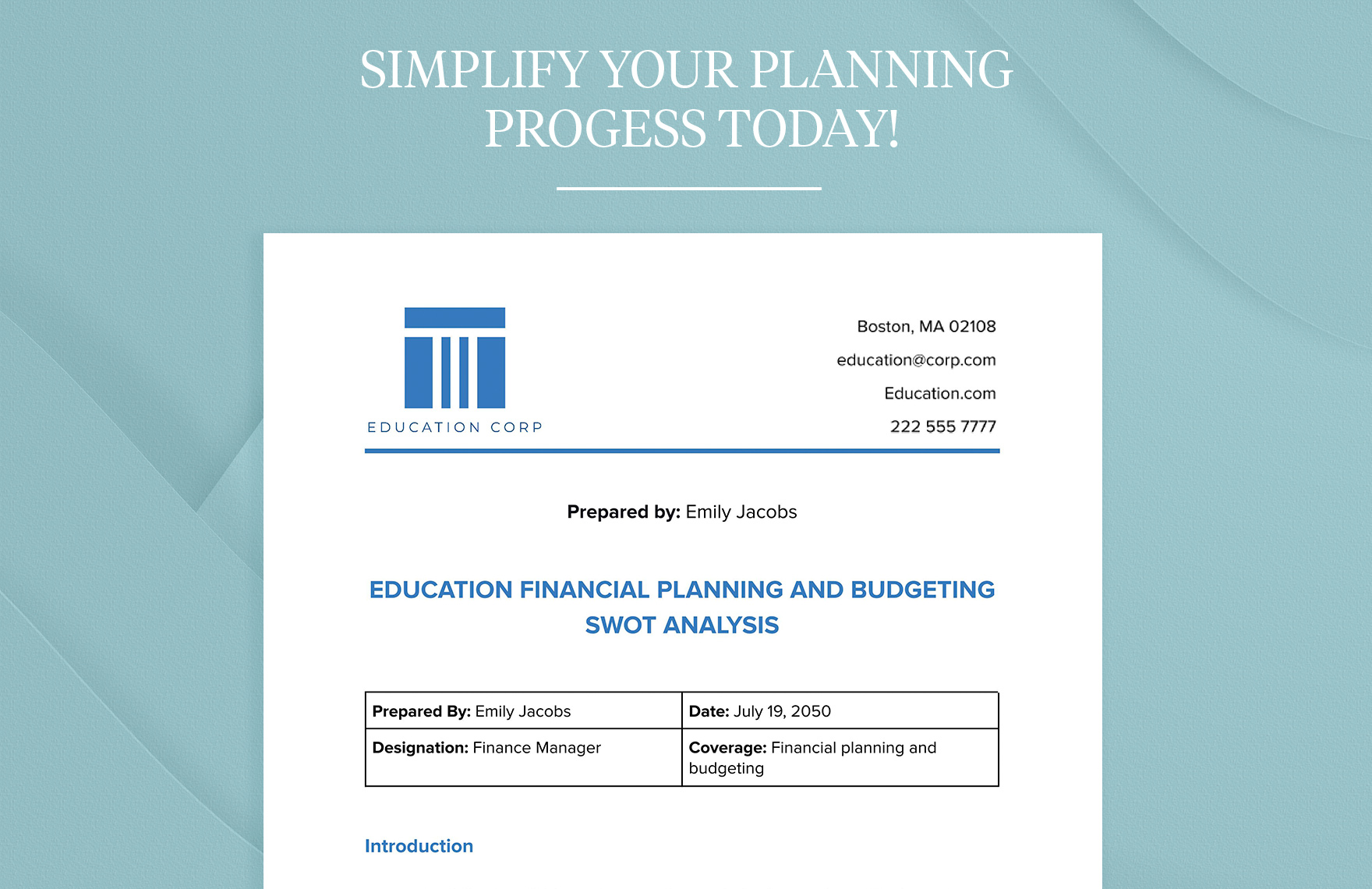 Education Financial Planning and Budgeting SWOT Analysis Template