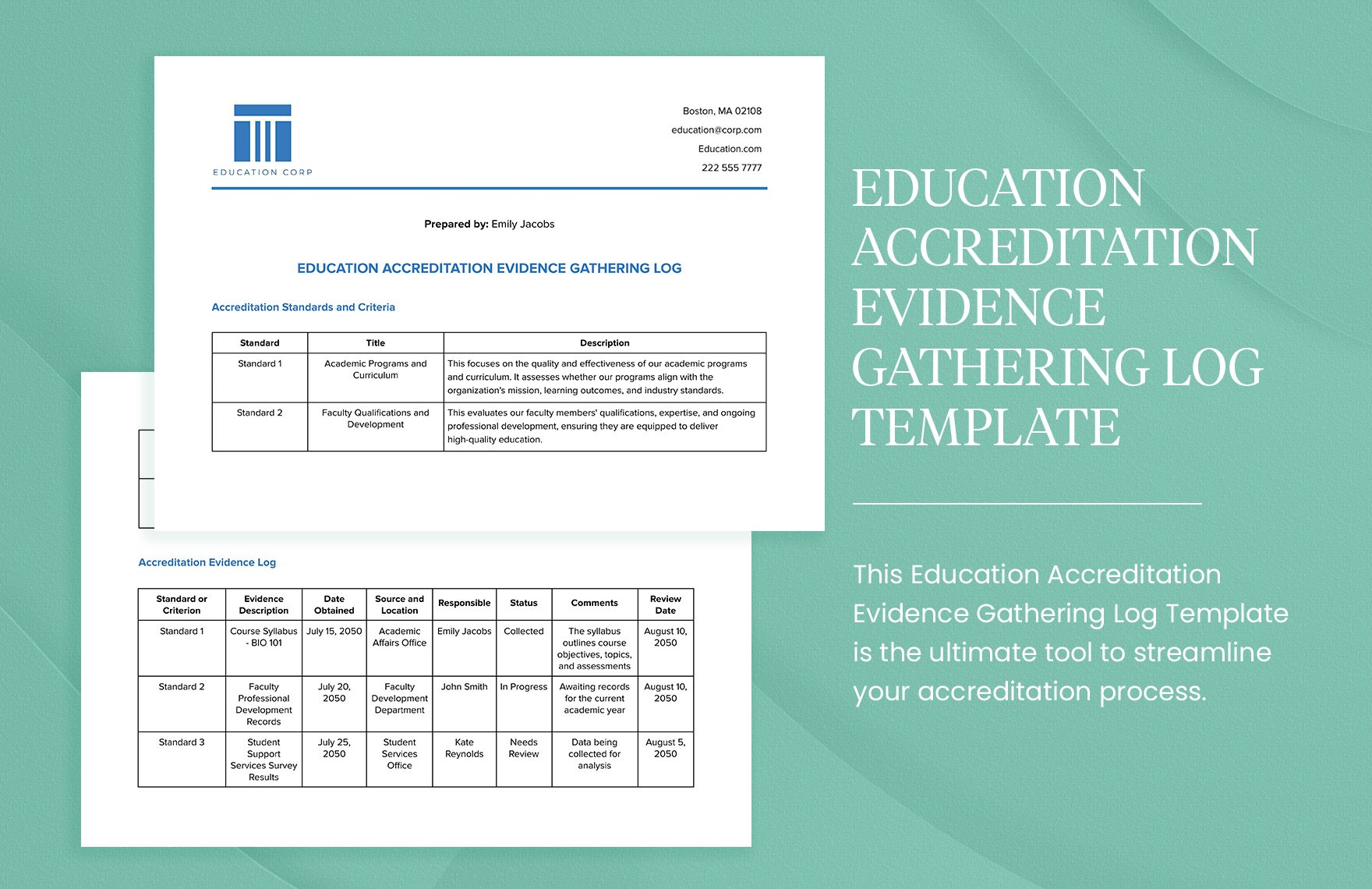 Education Accreditation Evidence Gathering Log Template in Word, Google Docs, PDF