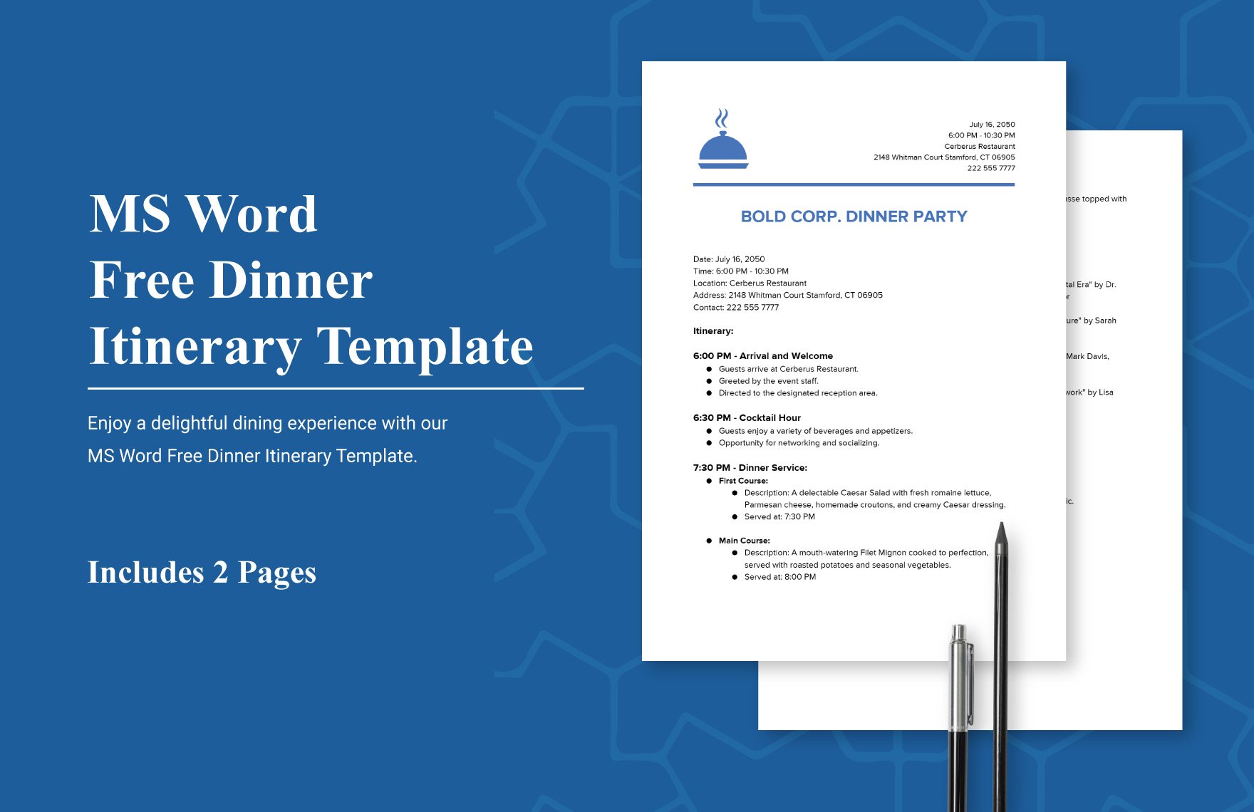 MS Word Free Dinner Itinerary Template