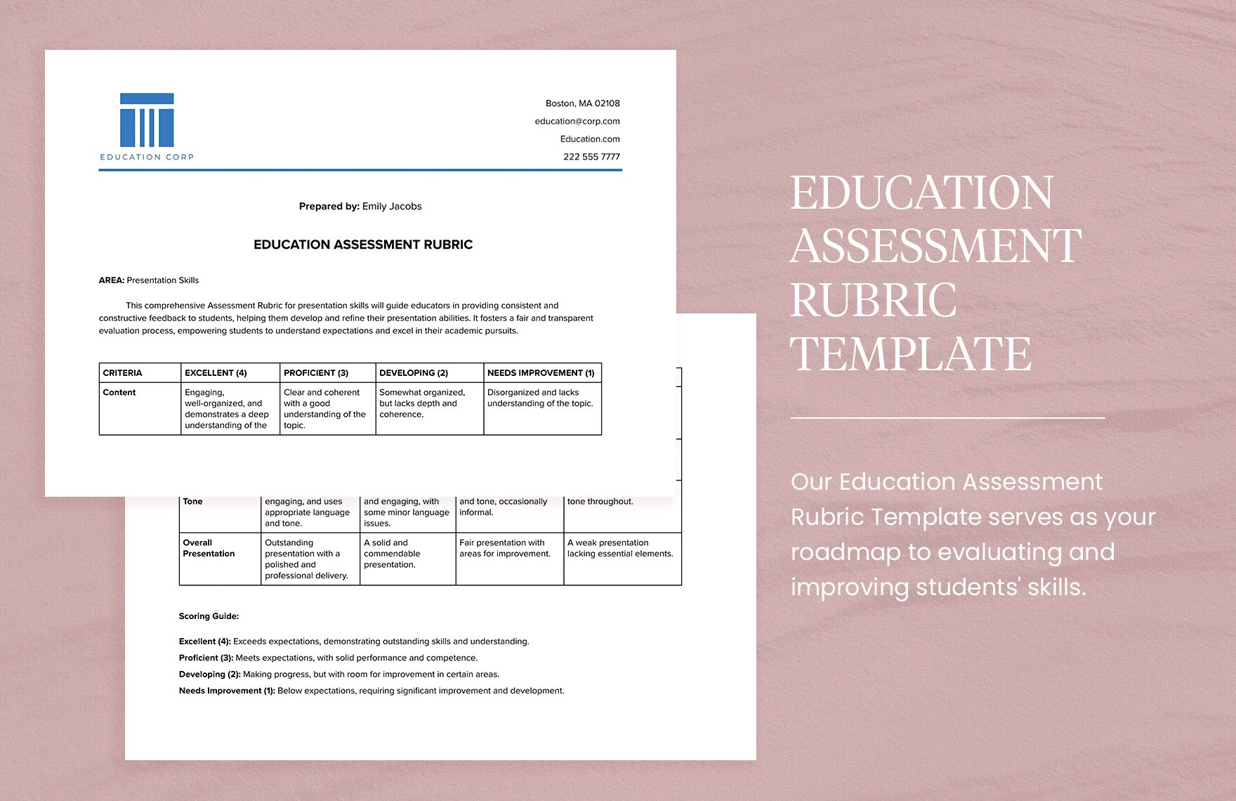 Education Assessment Rubric Template in Word, Google Docs, PDF