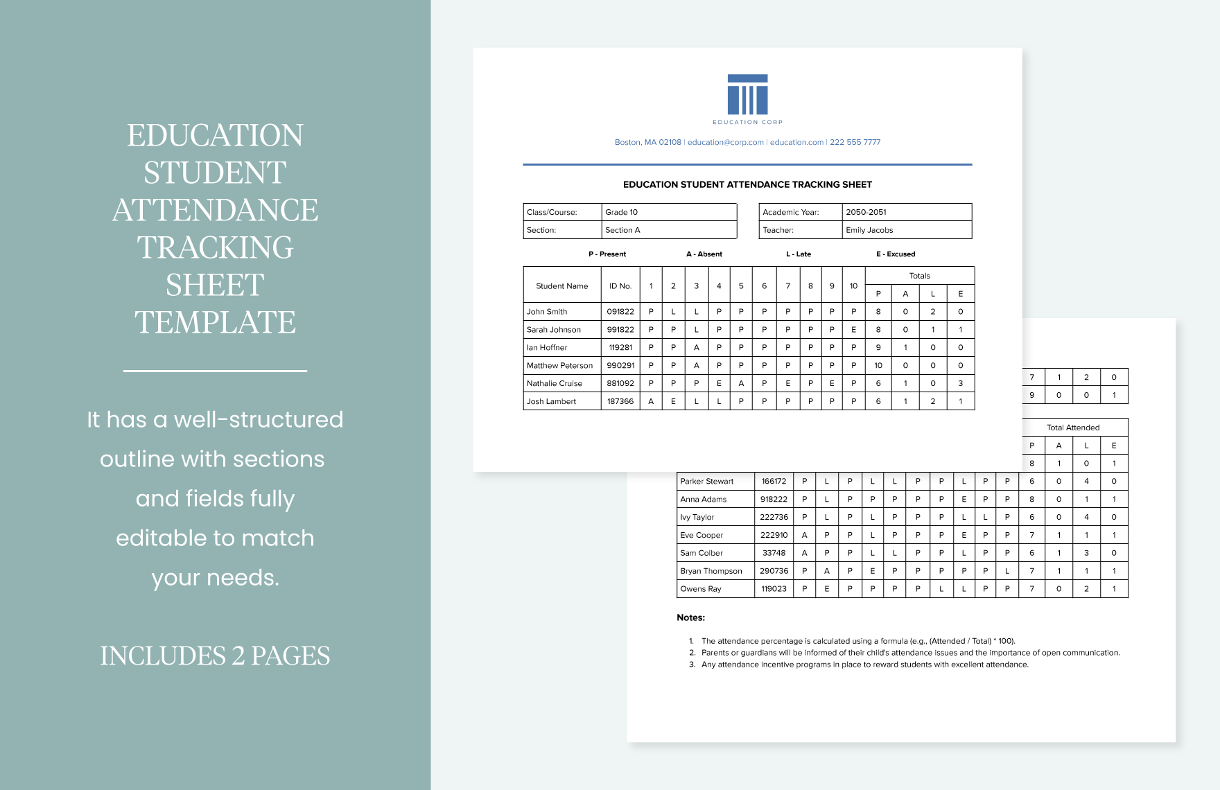 Education Student Attendance Tracking Sheet Template