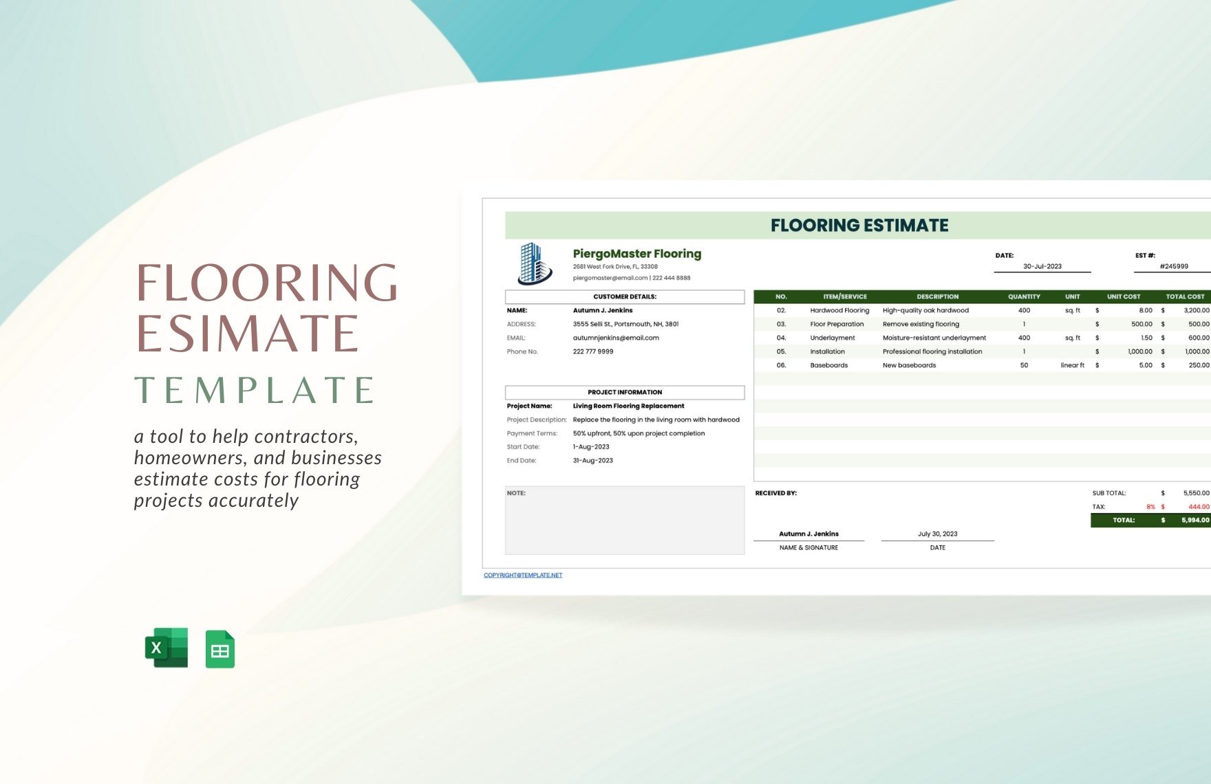 Flooring Estimate Template in Excel, Google Sheets - Download | Template.net