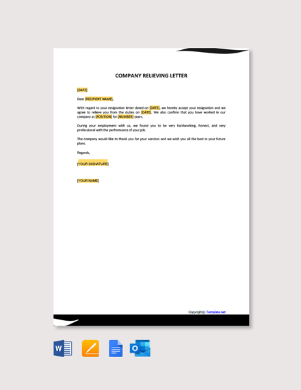 Company Relieving Letter Template - Google Docs, Word, Apple Pages 