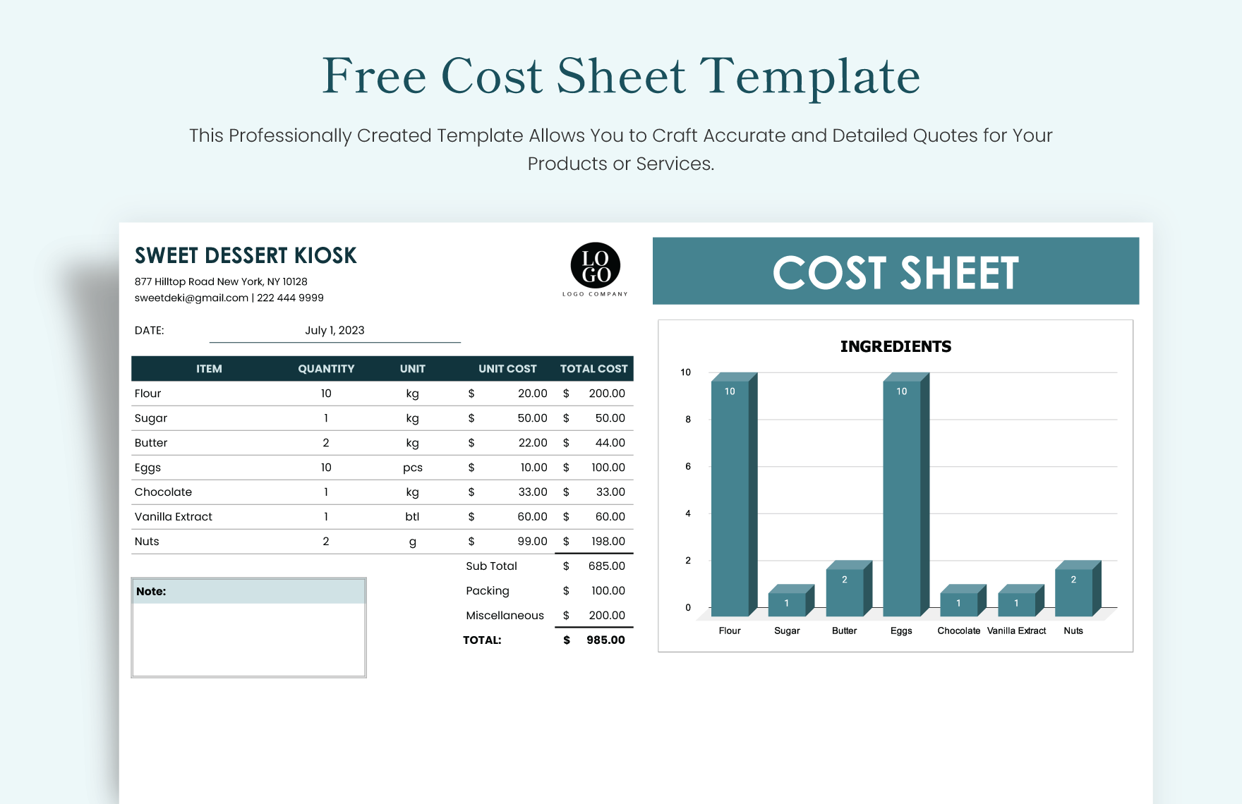 Free Cost Sheet Template