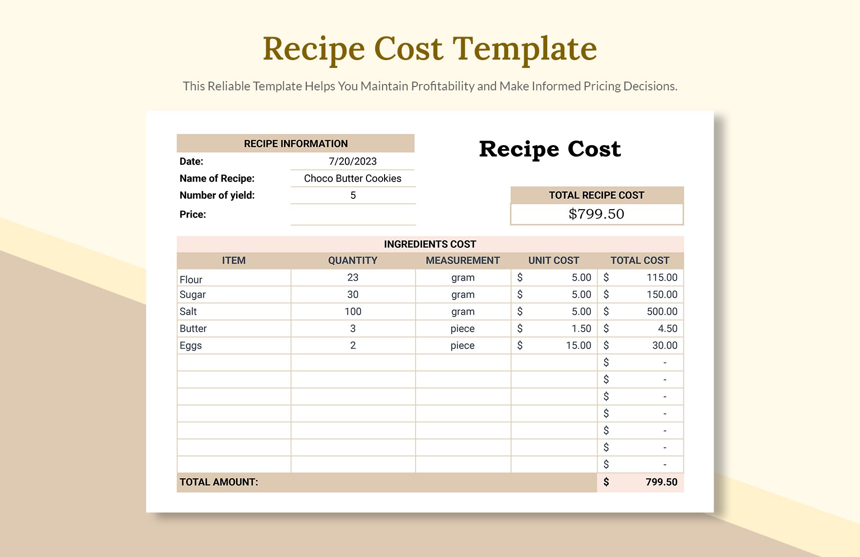Recipe Cost Template Download in Excel, Google Sheets