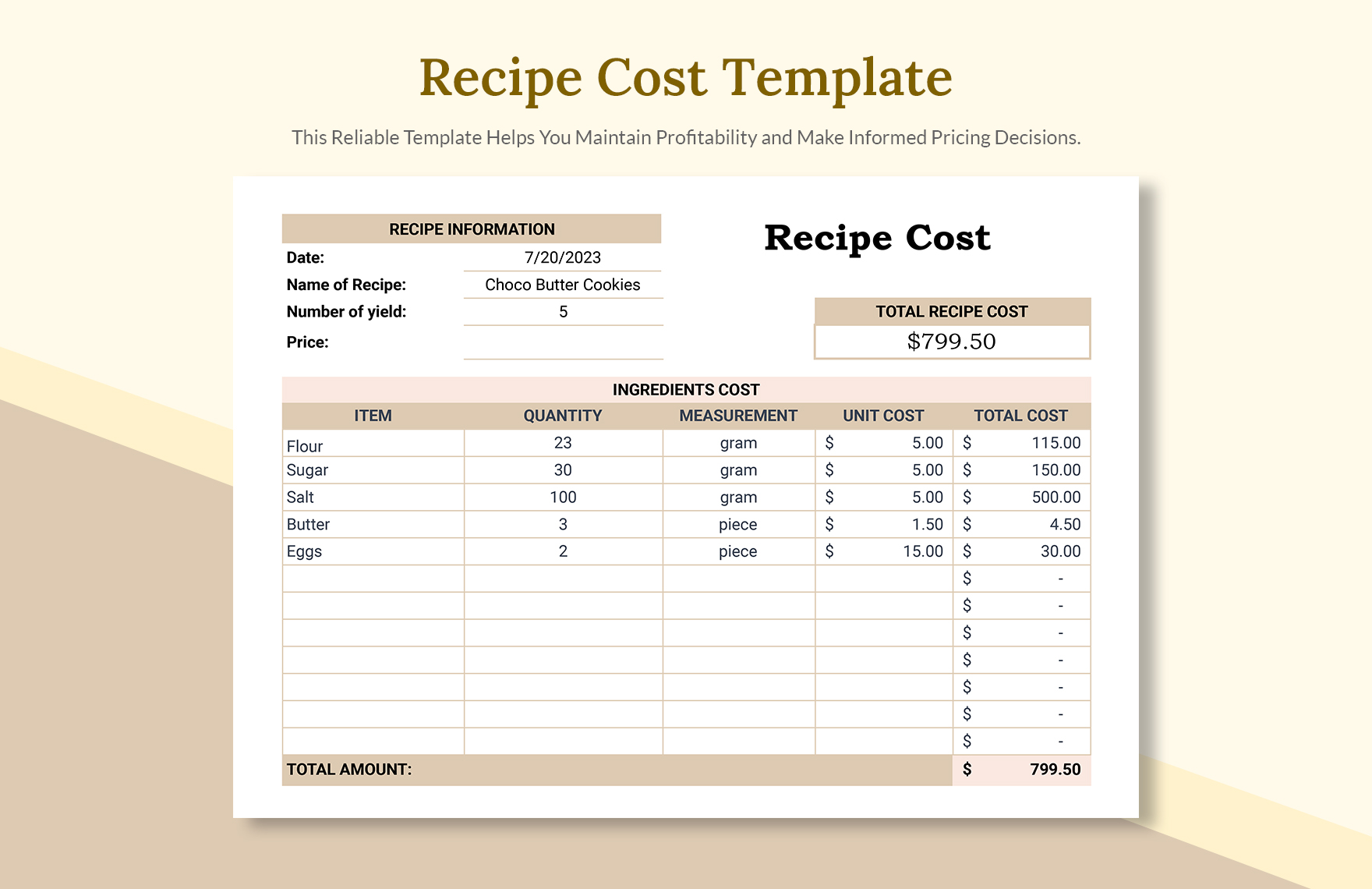 Recipe Cost Template in MS Excel, Google Sheets Download