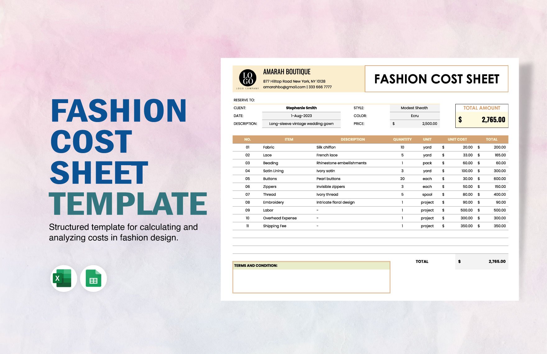 Fashion Cost Sheet Template in Excel, Google Sheets