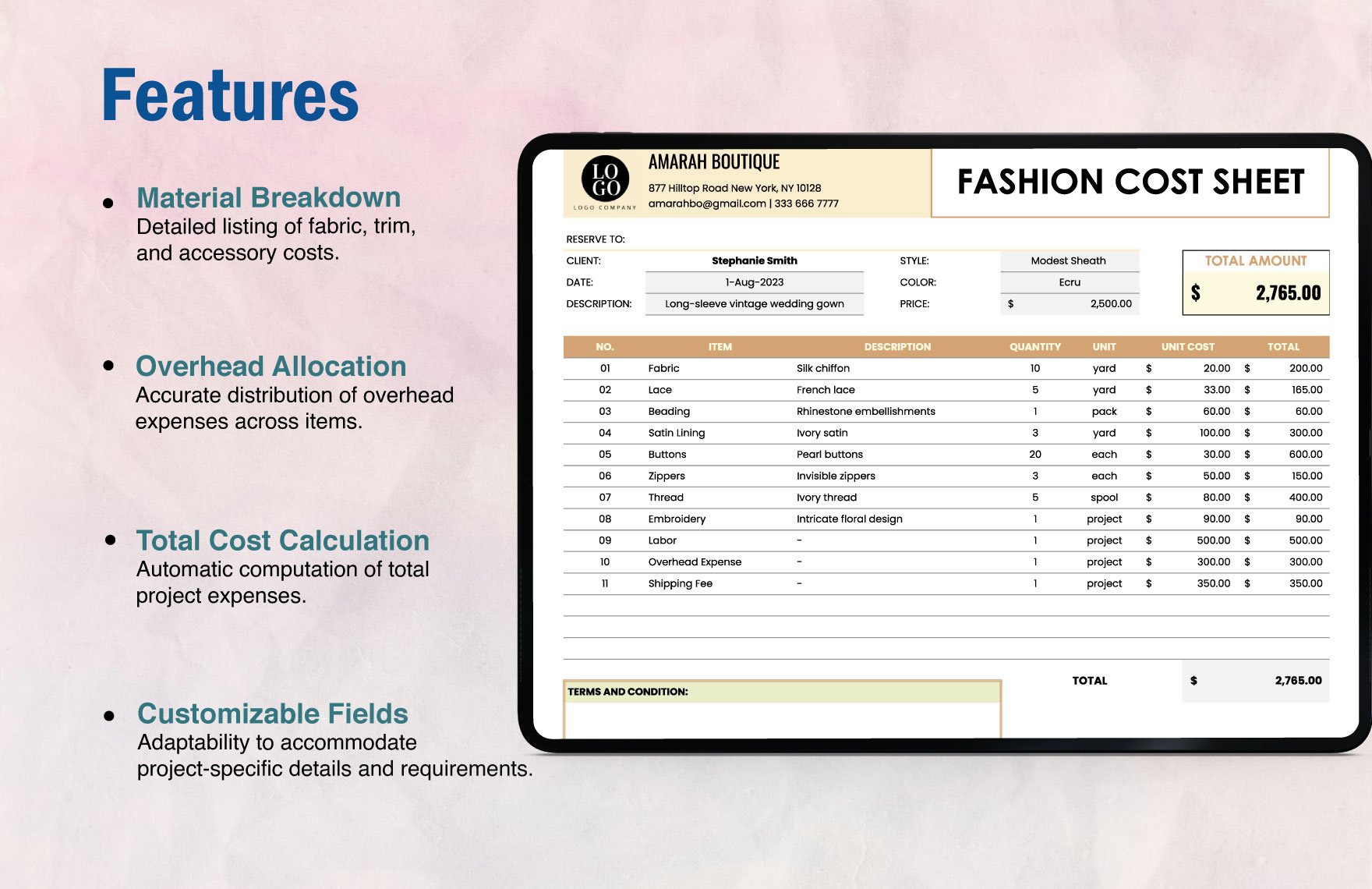Fashion Cost Sheet Template