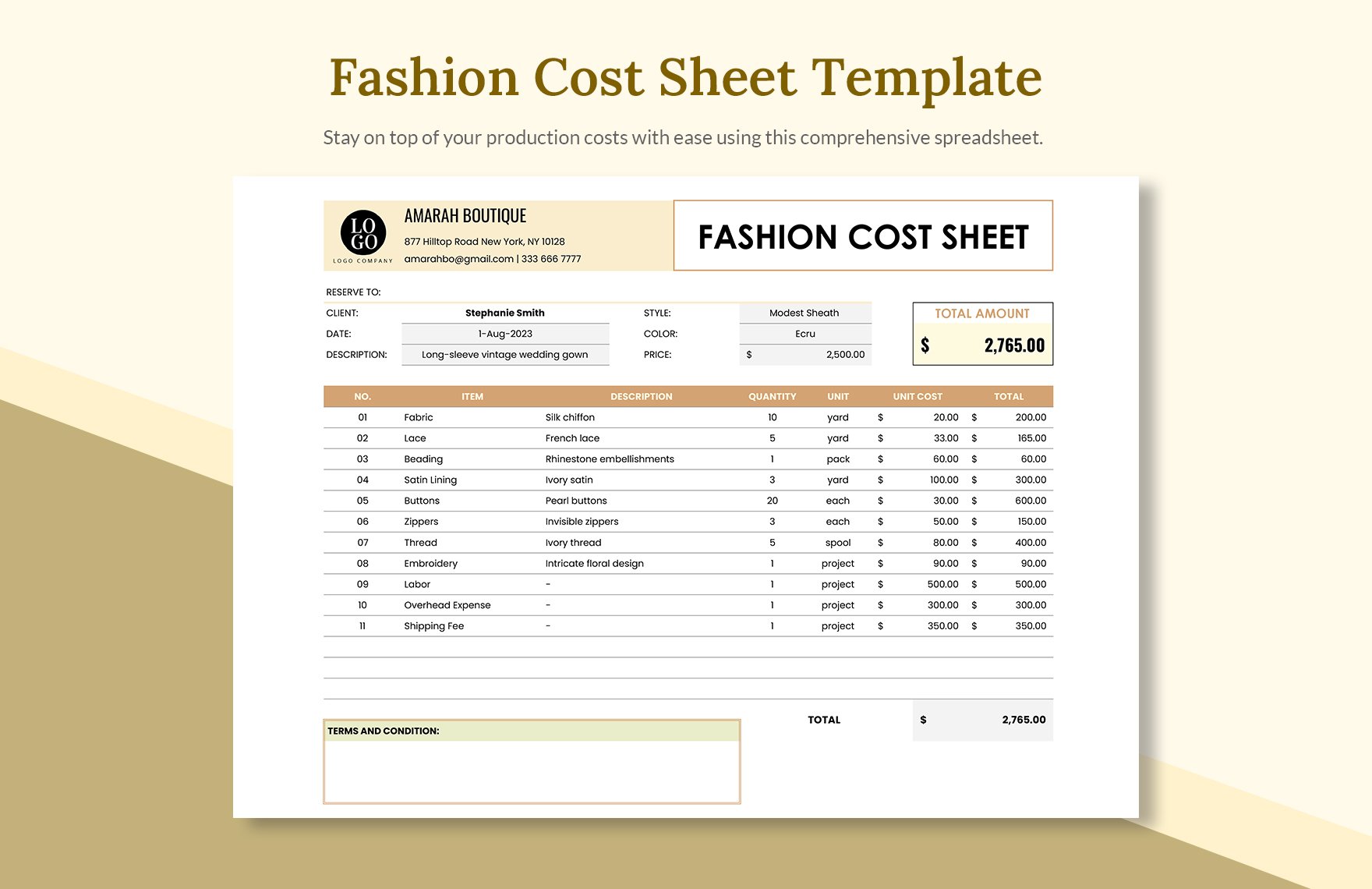 Fashion Cost Sheet Template in Excel, Google Sheets