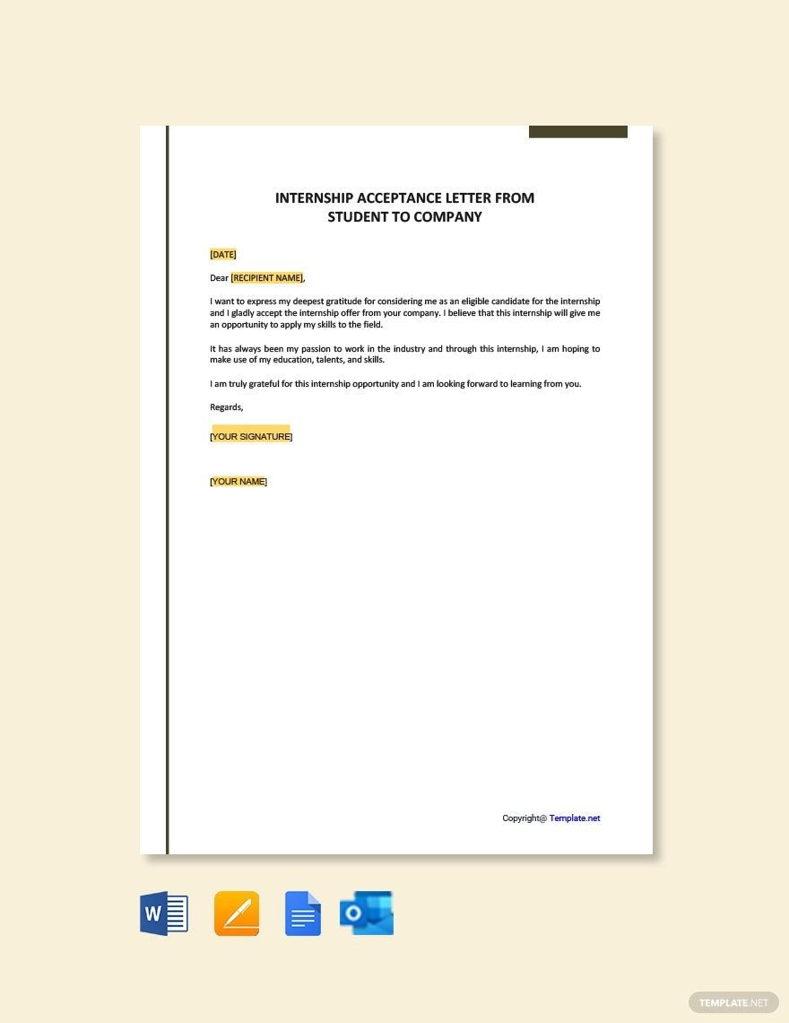 Free Internship Acceptance Letter from Student to Company Template