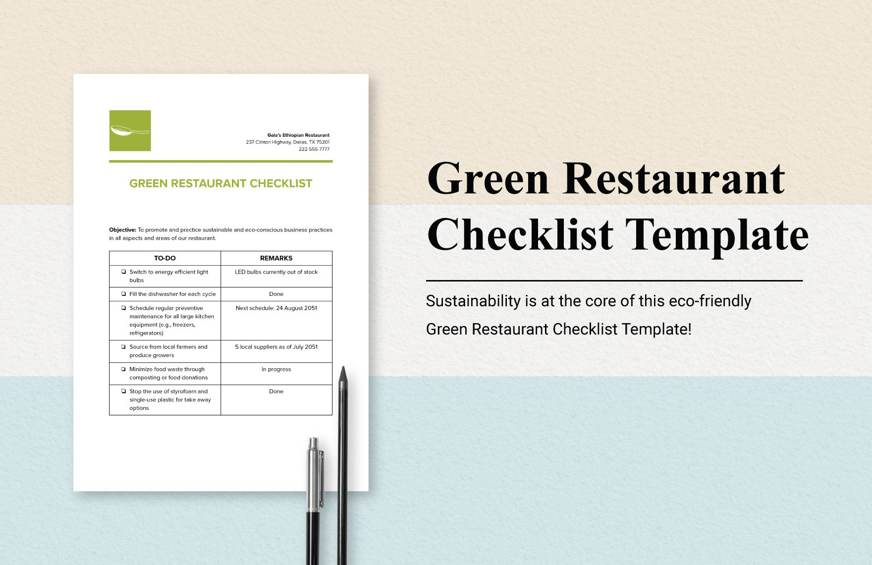 Green Restaurant Checklist Template