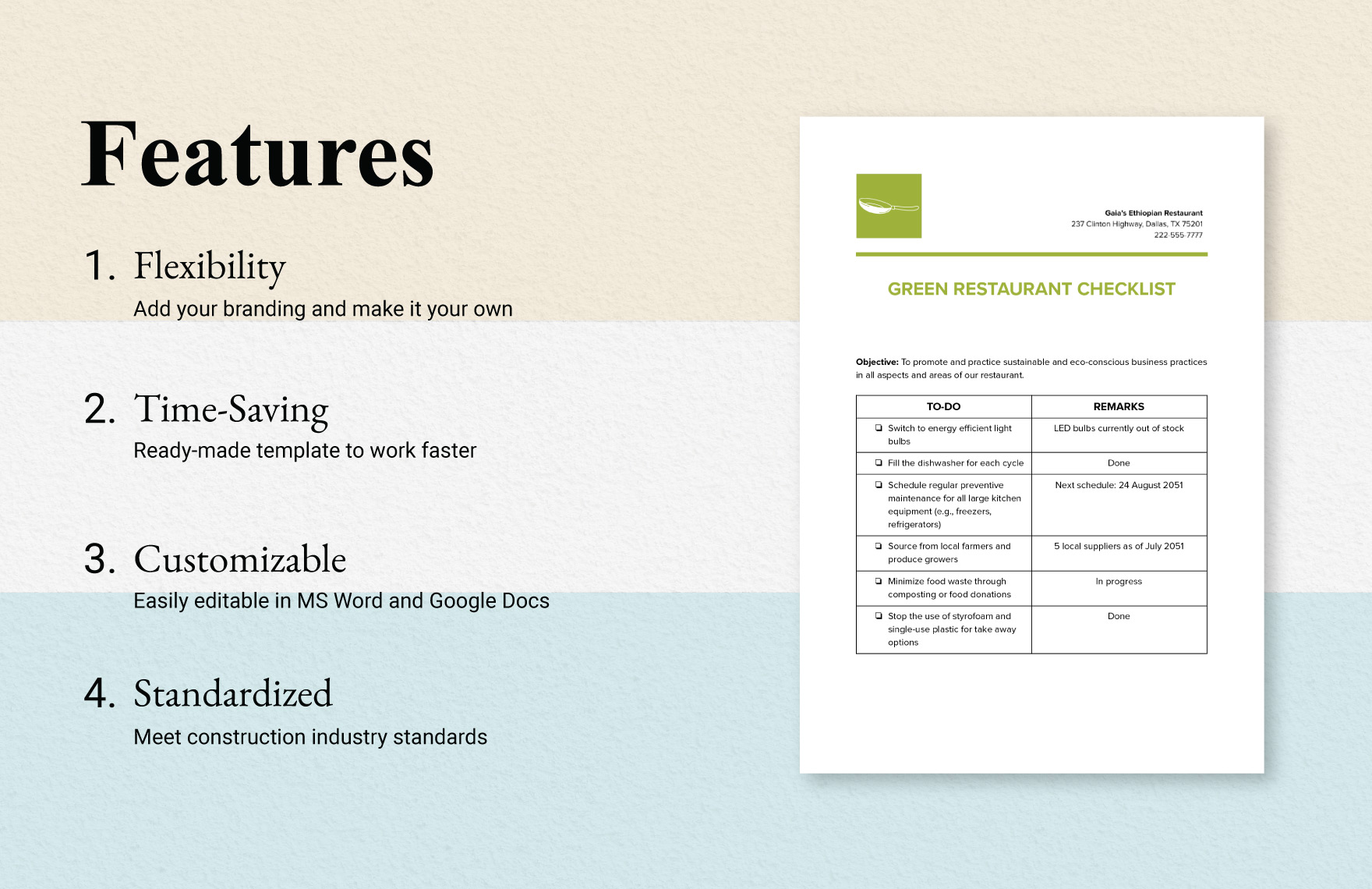 Green Restaurant Checklist Template