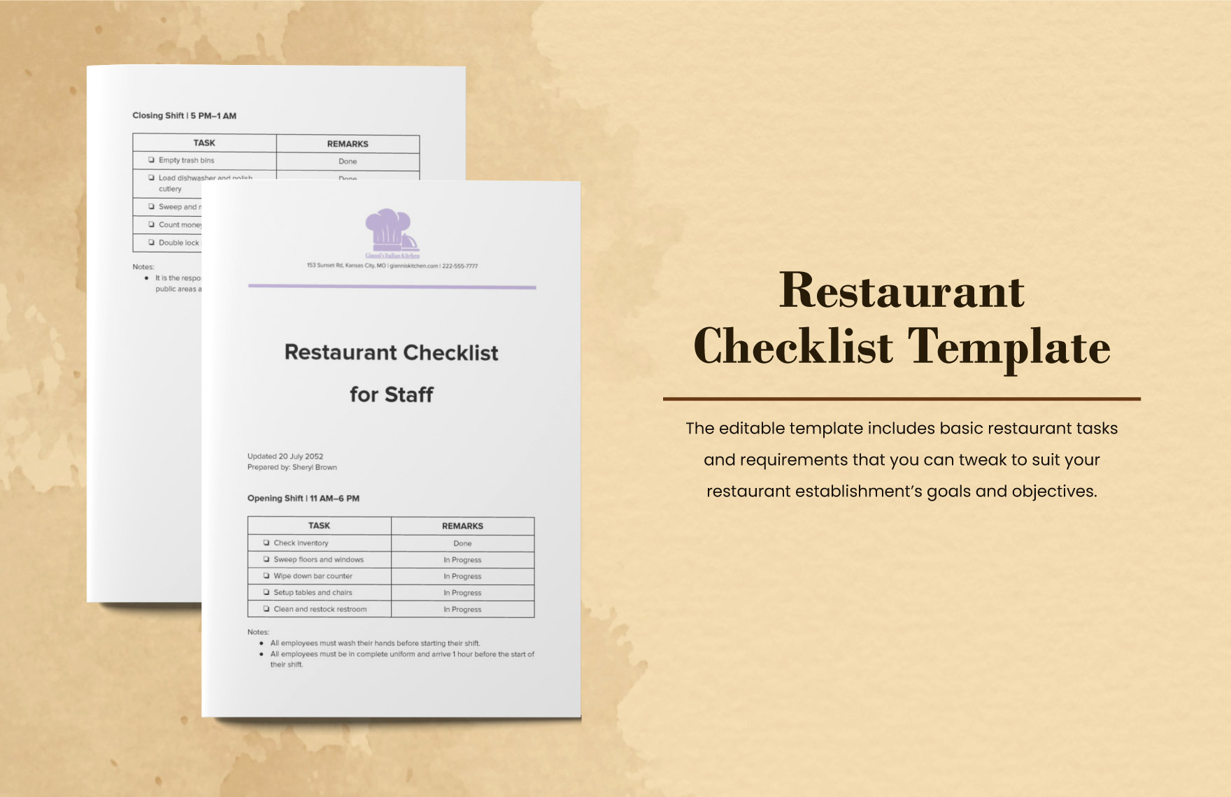 Restaurant Manager's Shift Card Template - Download in Word