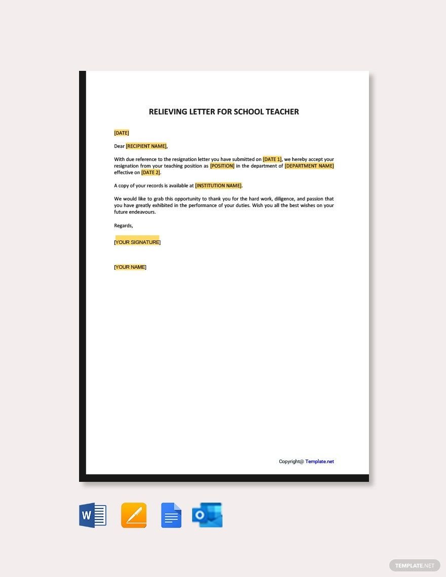 Relieving Letter for School Teacher in Word, Google Docs, PDF, Apple Pages, Outlook
