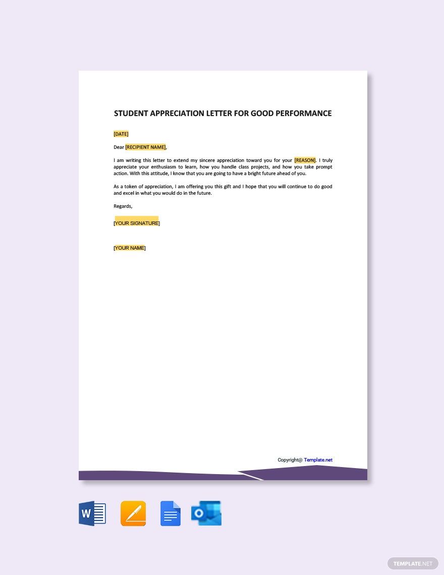 Student Appreciation Letter for Good Performance in Google Docs, Pages, Word, Outlook, PDF - Download | Template.net