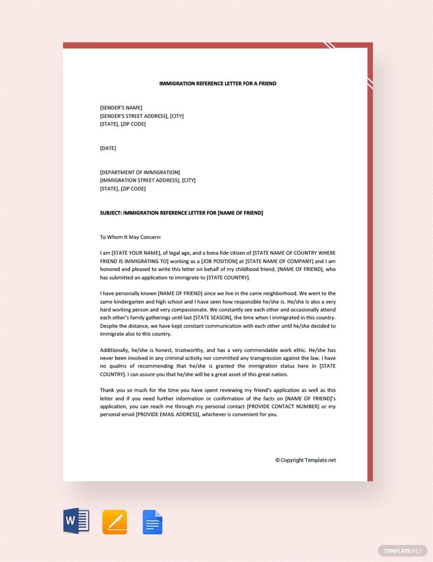 Immigration Reference Letter for a Friend in Pages, PDF, Word, Google Docs - Download | Template.net