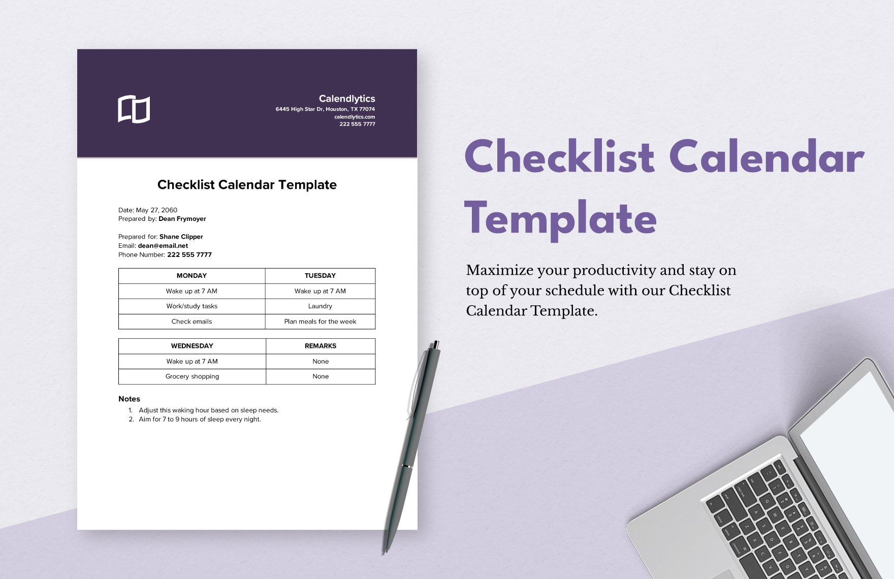 Checklist Calendar Template