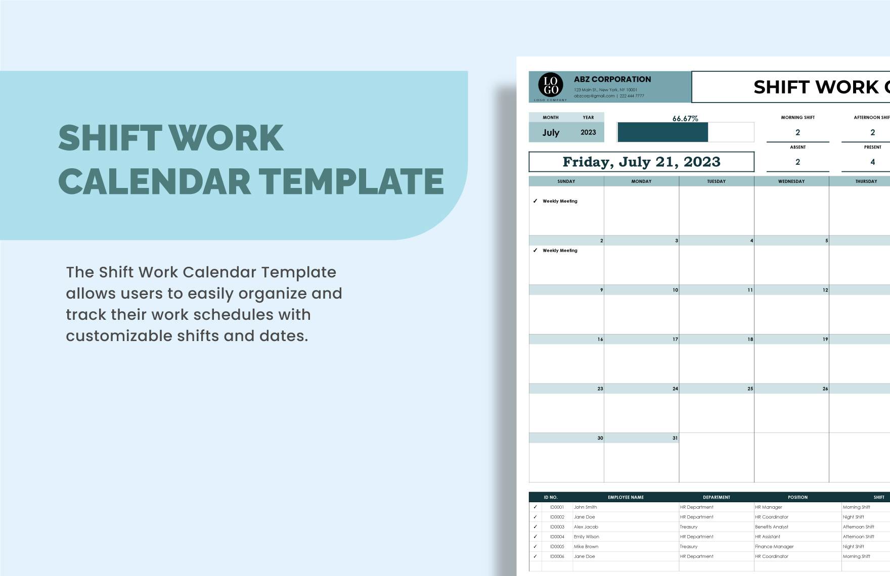 Shift Work Calendar Template in Excel, Google Sheets Download