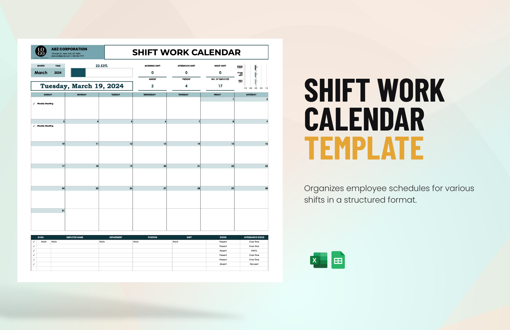 Shift Work Calendar Template in Excel, Google Sheets