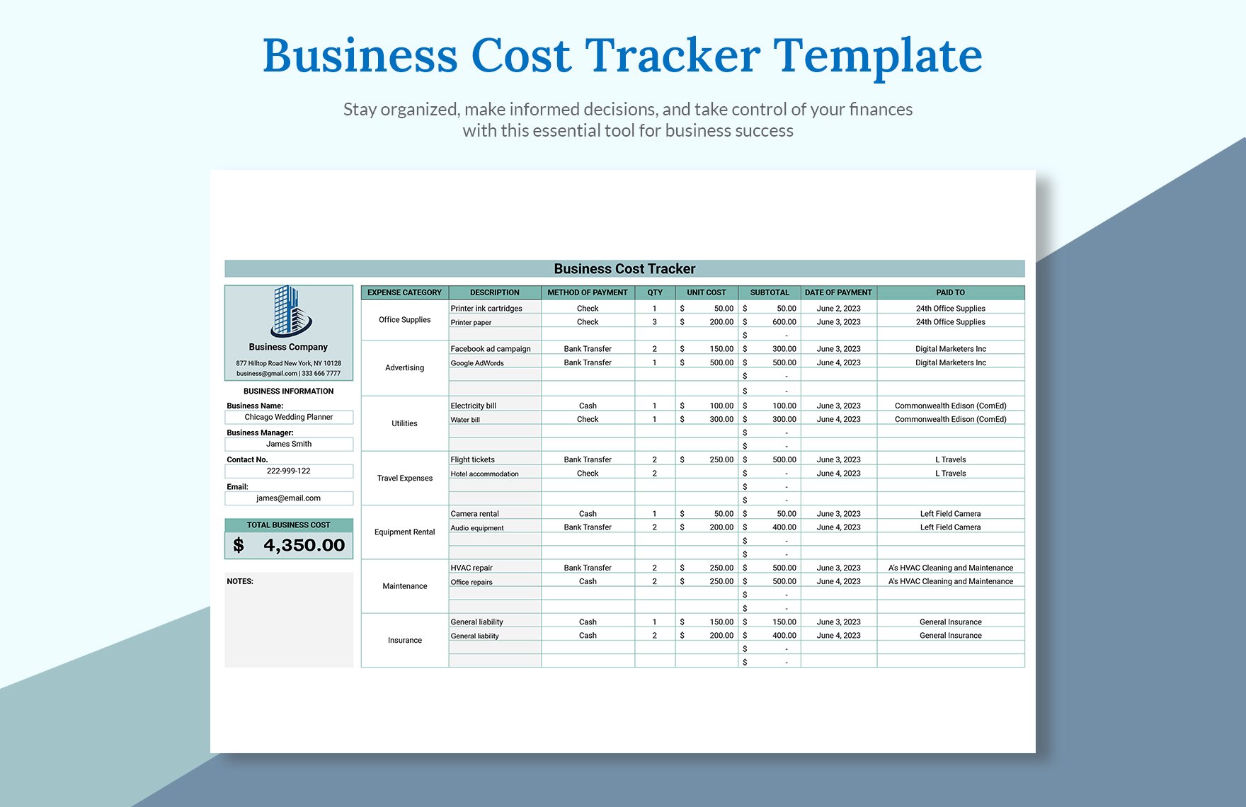 Business Cost Tracker Template