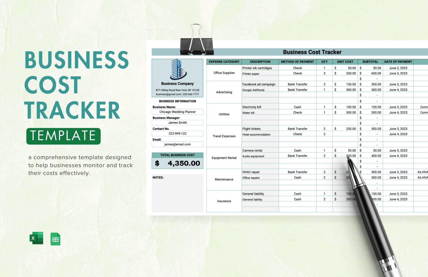 Business Cost Tracker Template in Excel, Google Sheets