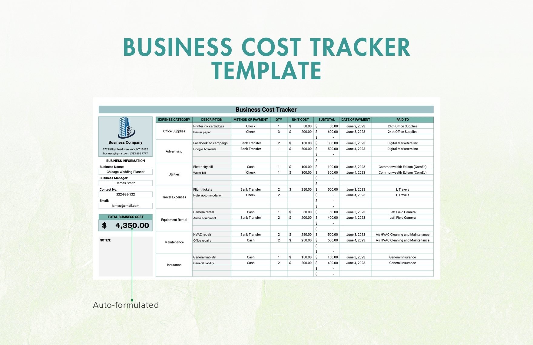 Business Cost Tracker Template