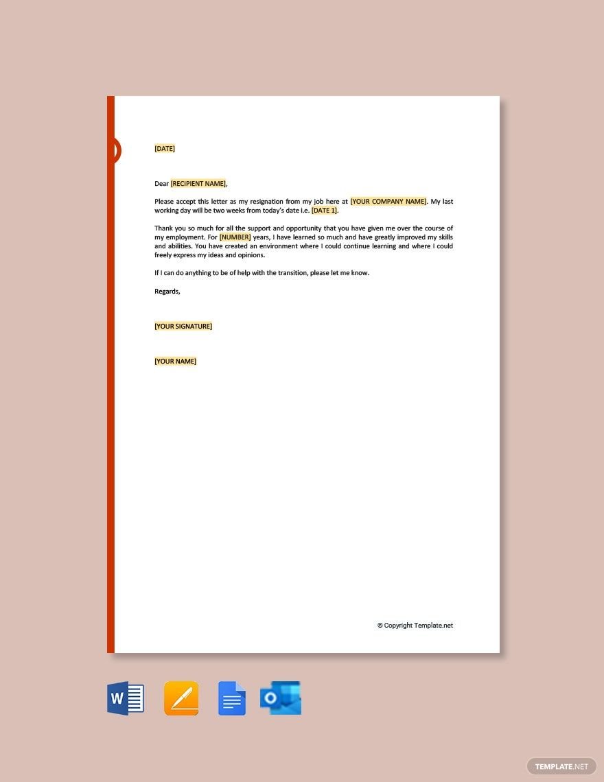 Formal Resignation Letter with 2 Weeks Notice Period in Word, Google Docs, PDF, Apple Pages, Outlook