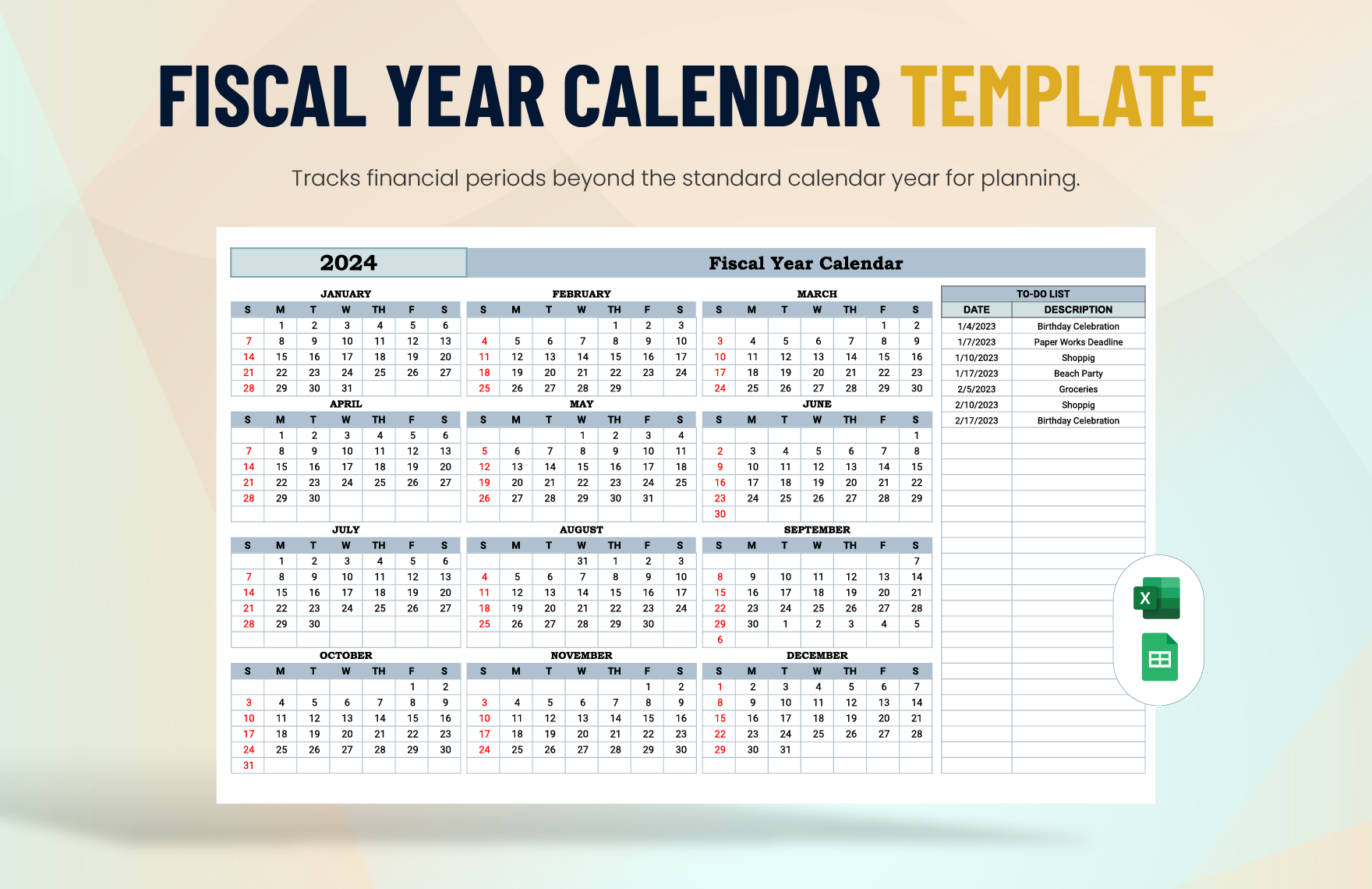 Fiscal Year Calendar Template in Excel, Google Sheets