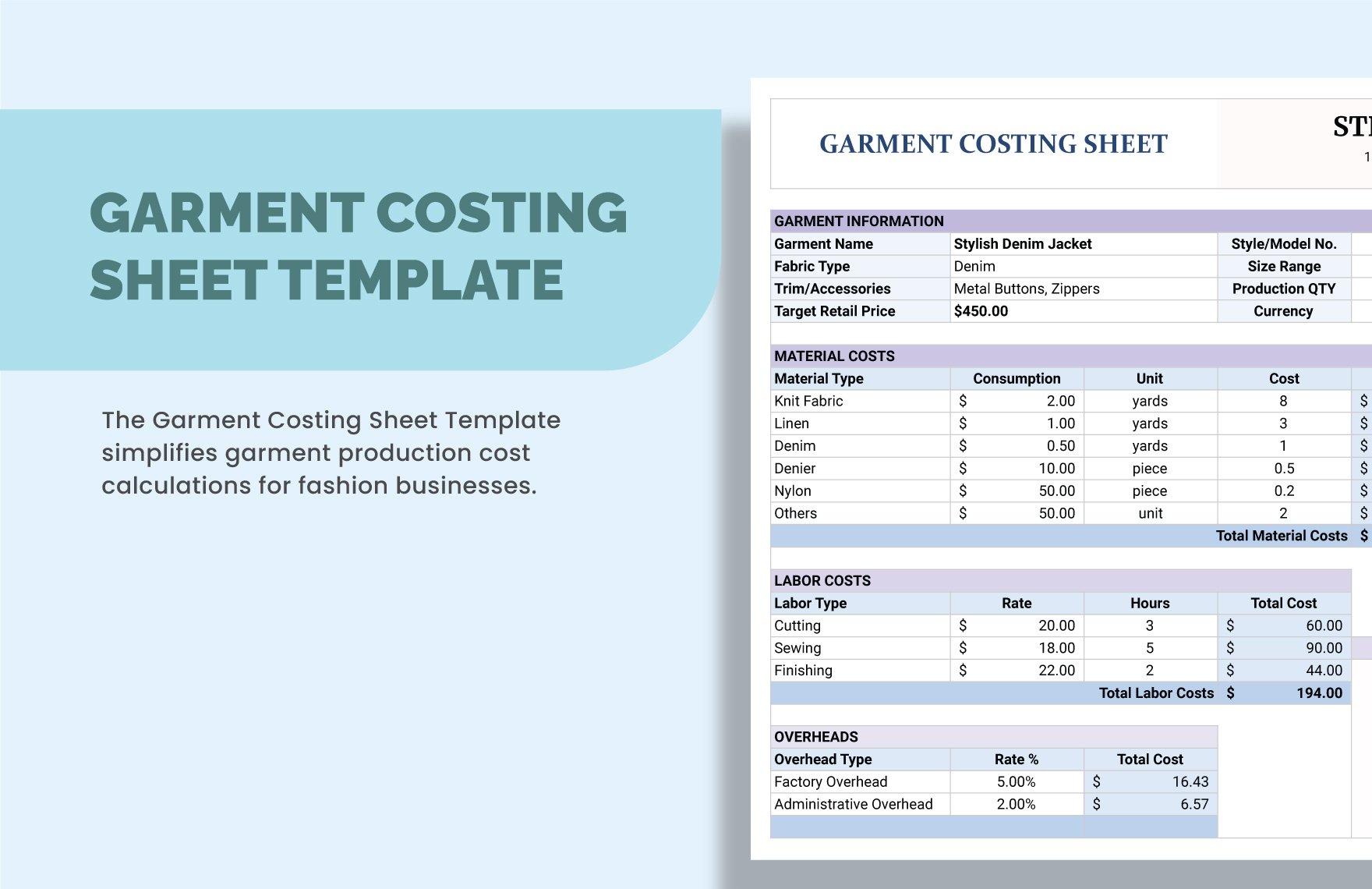 Garment Costing Sheet Template in Excel Google Sheets Download