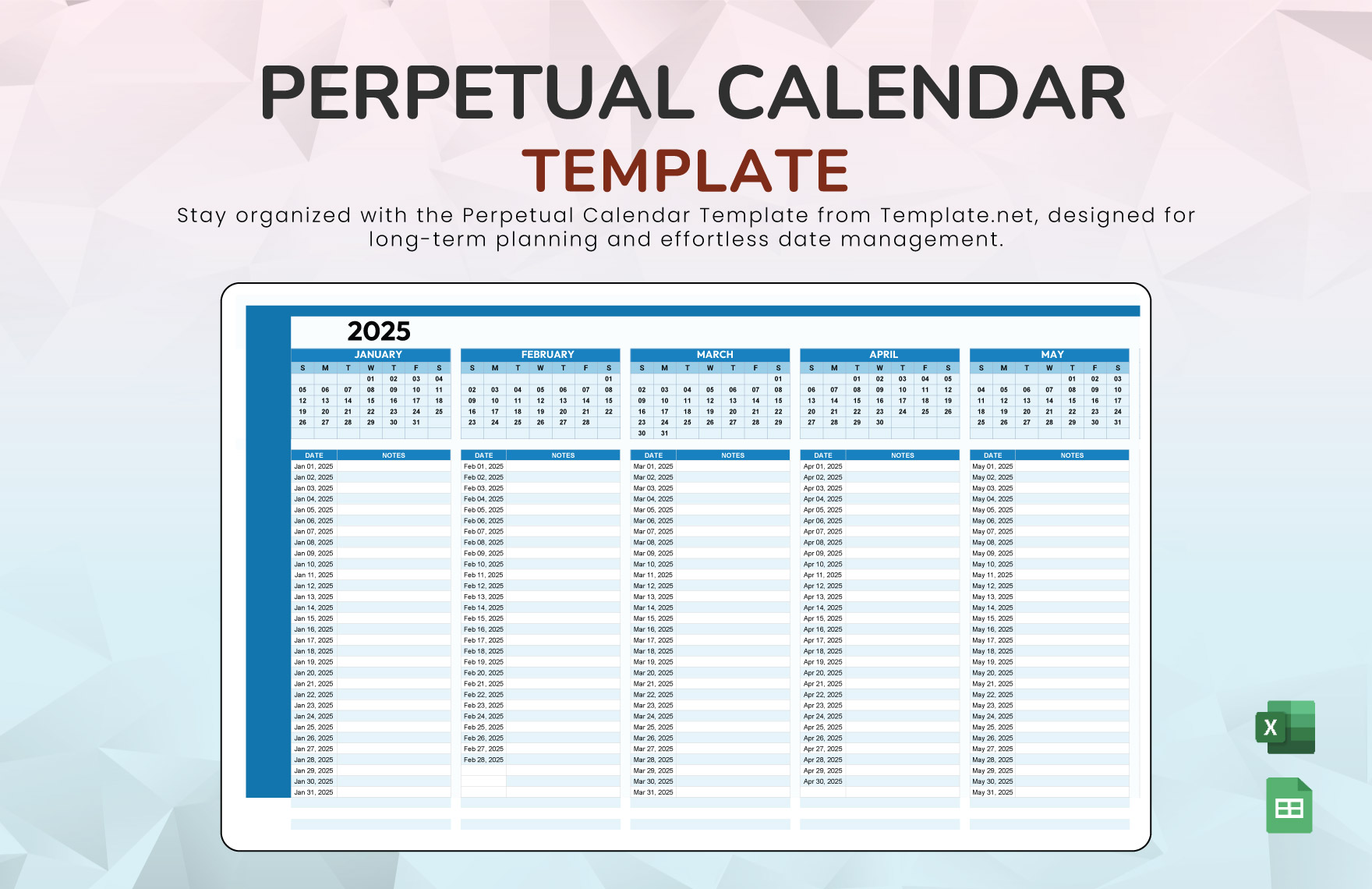 Perpetual Calendar Template in Excel, Google Sheets - Download | Template.net