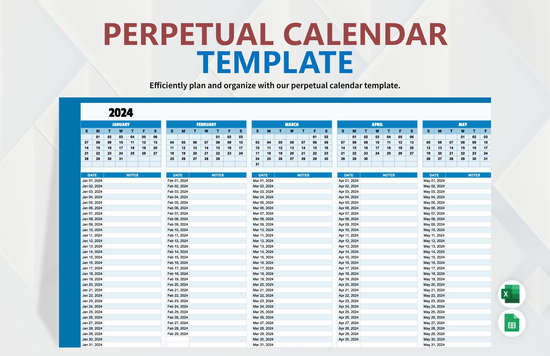 Perpetual Calendar Template in Excel, Google Sheets