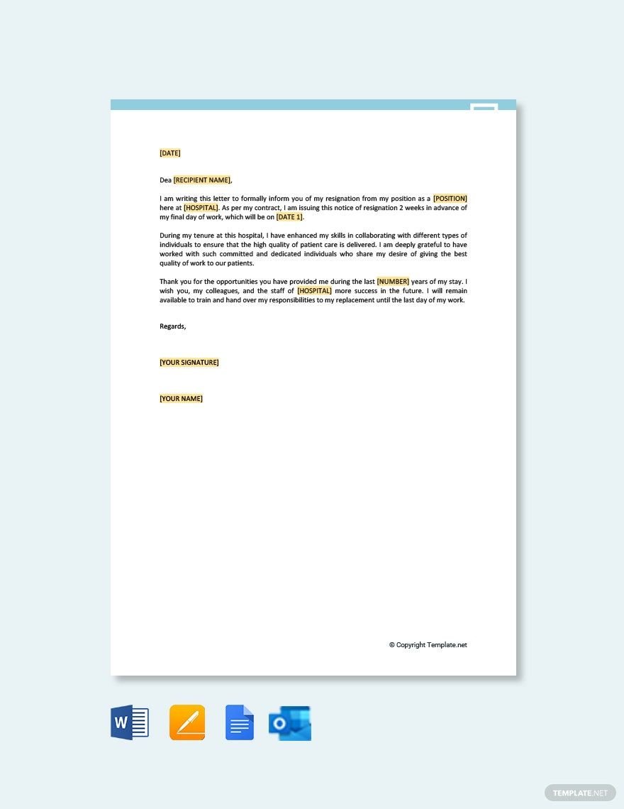 Free Nursing Resignation Letter 2 Week Notice in Word, Google Docs, PDF, Apple Pages, Outlook