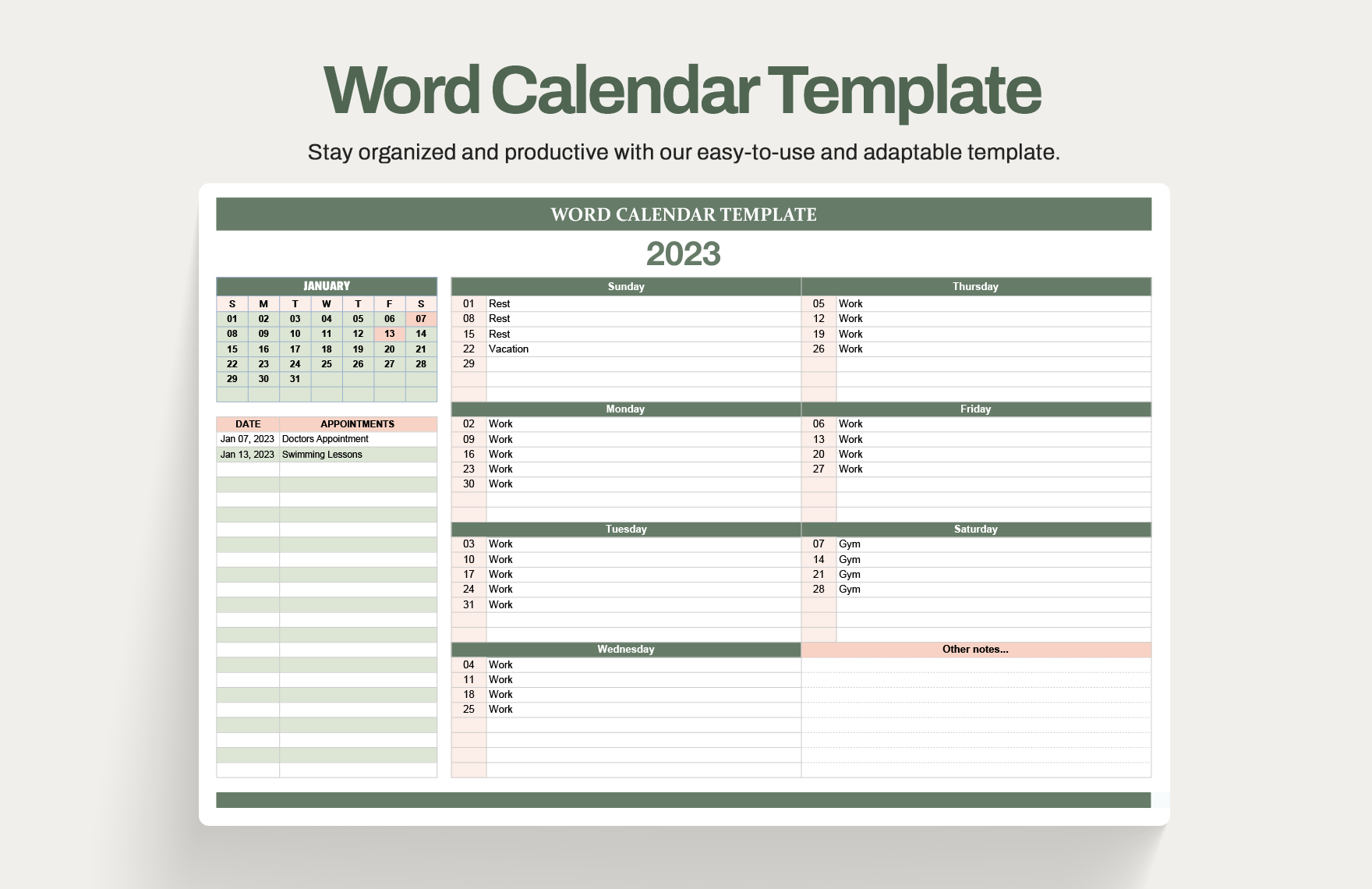 work schedule calendar template