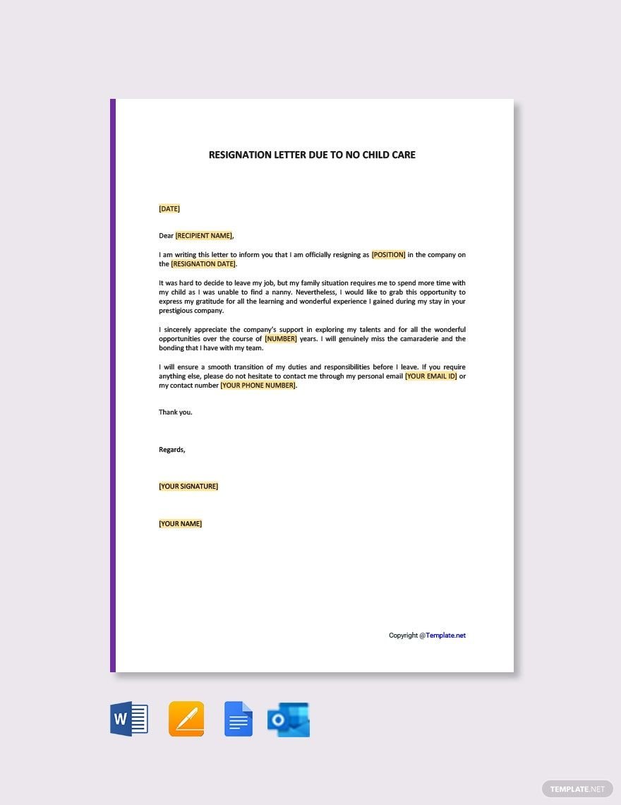 Free Resignation Letter Due to No Childcare Template