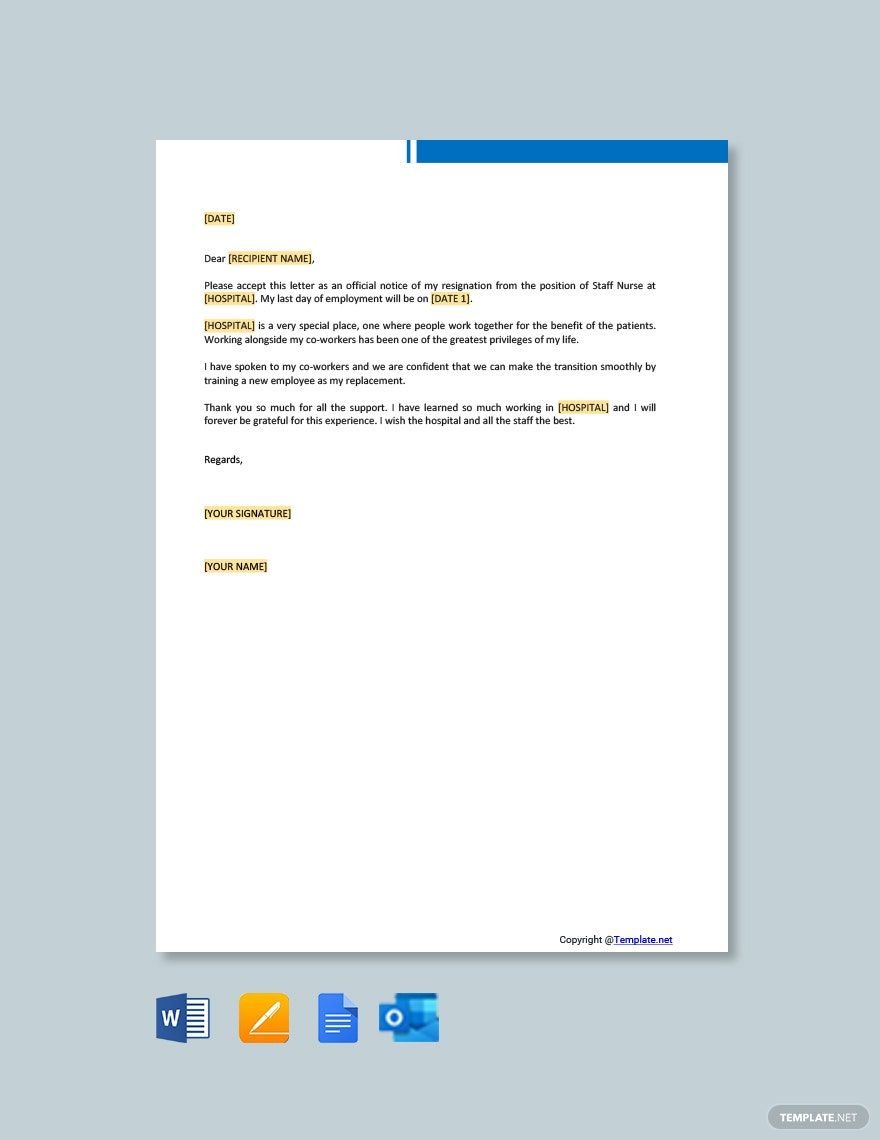 Free Staff Nurse Resignation Letter in Word, Google Docs, PDF, Apple Pages, Outlook