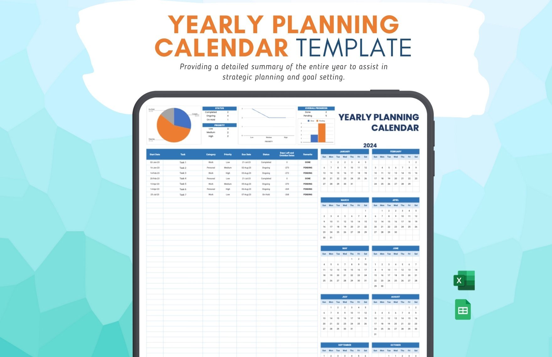 Yearly Planning Calendar Template in Excel, Google Sheets