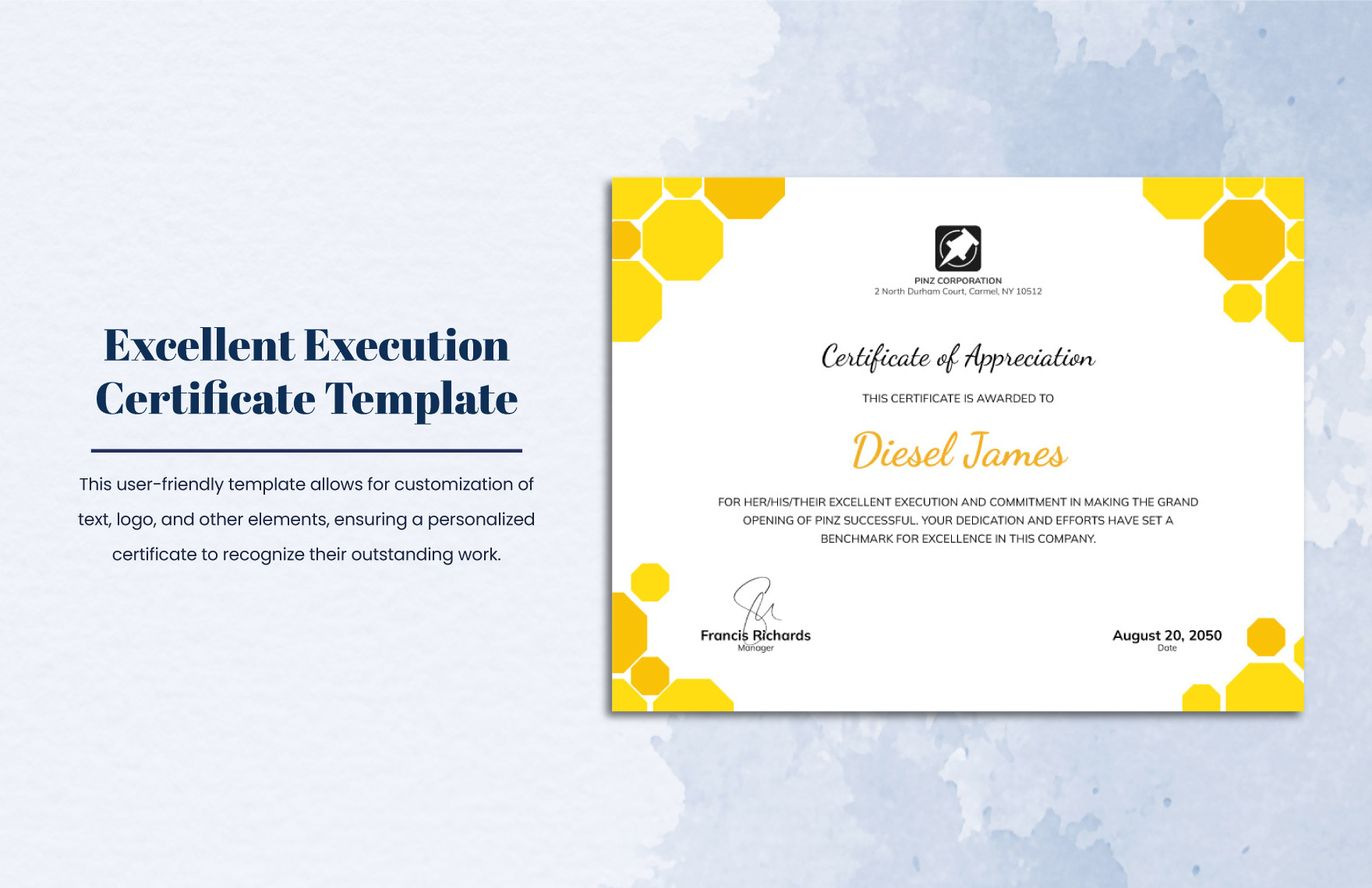 Excellent Execution Certificate Template  in Word, Illustrator, PSD