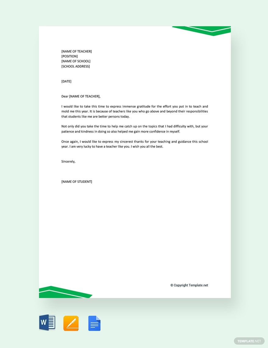 Free Thank You Letter To Teacher From Student Google Docs Word 