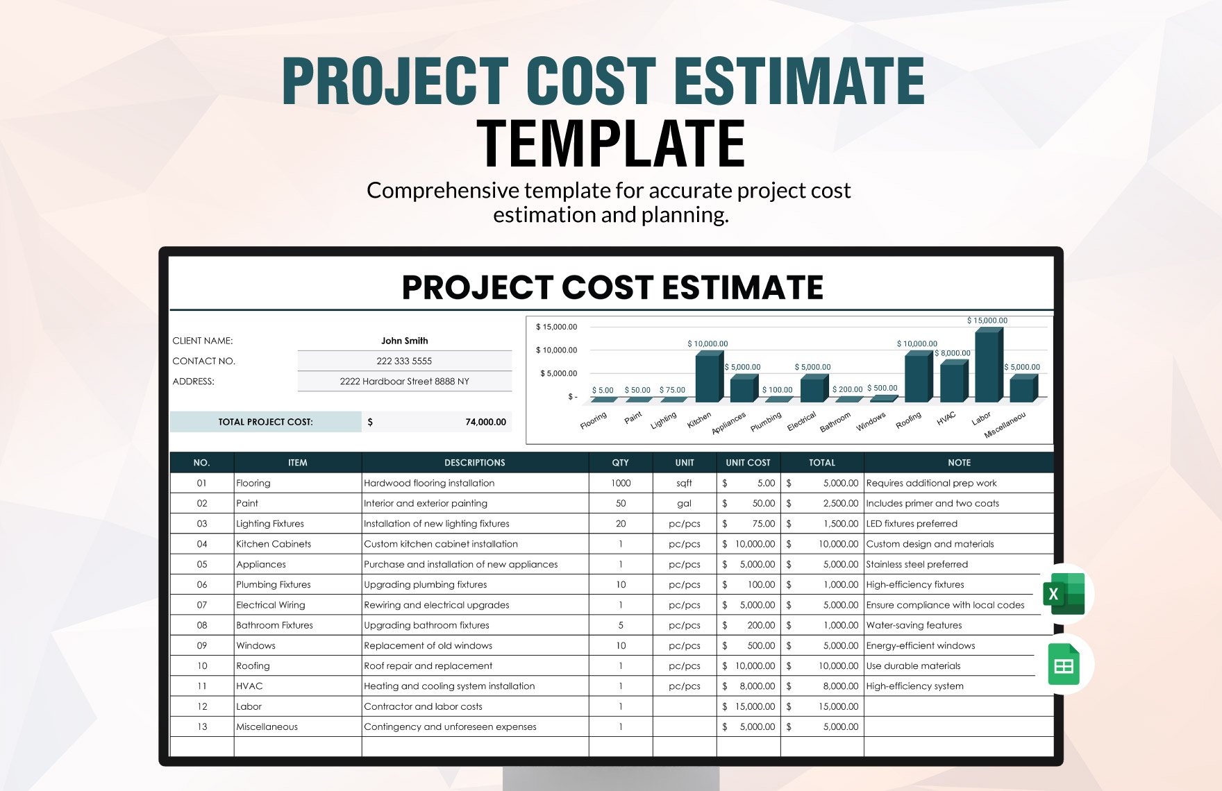 Project Cost Estimate Template in Excel, Google Sheets