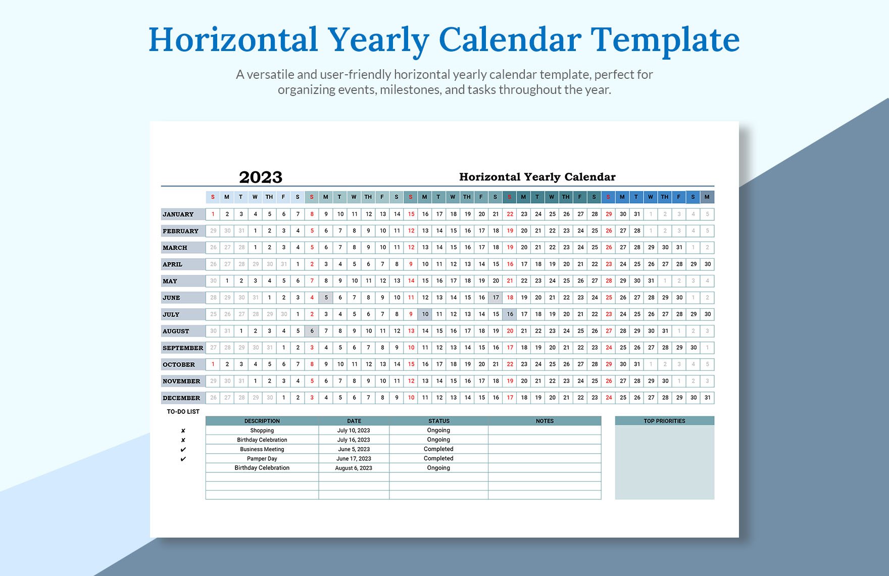 Horizontal Yearly Calendar Template