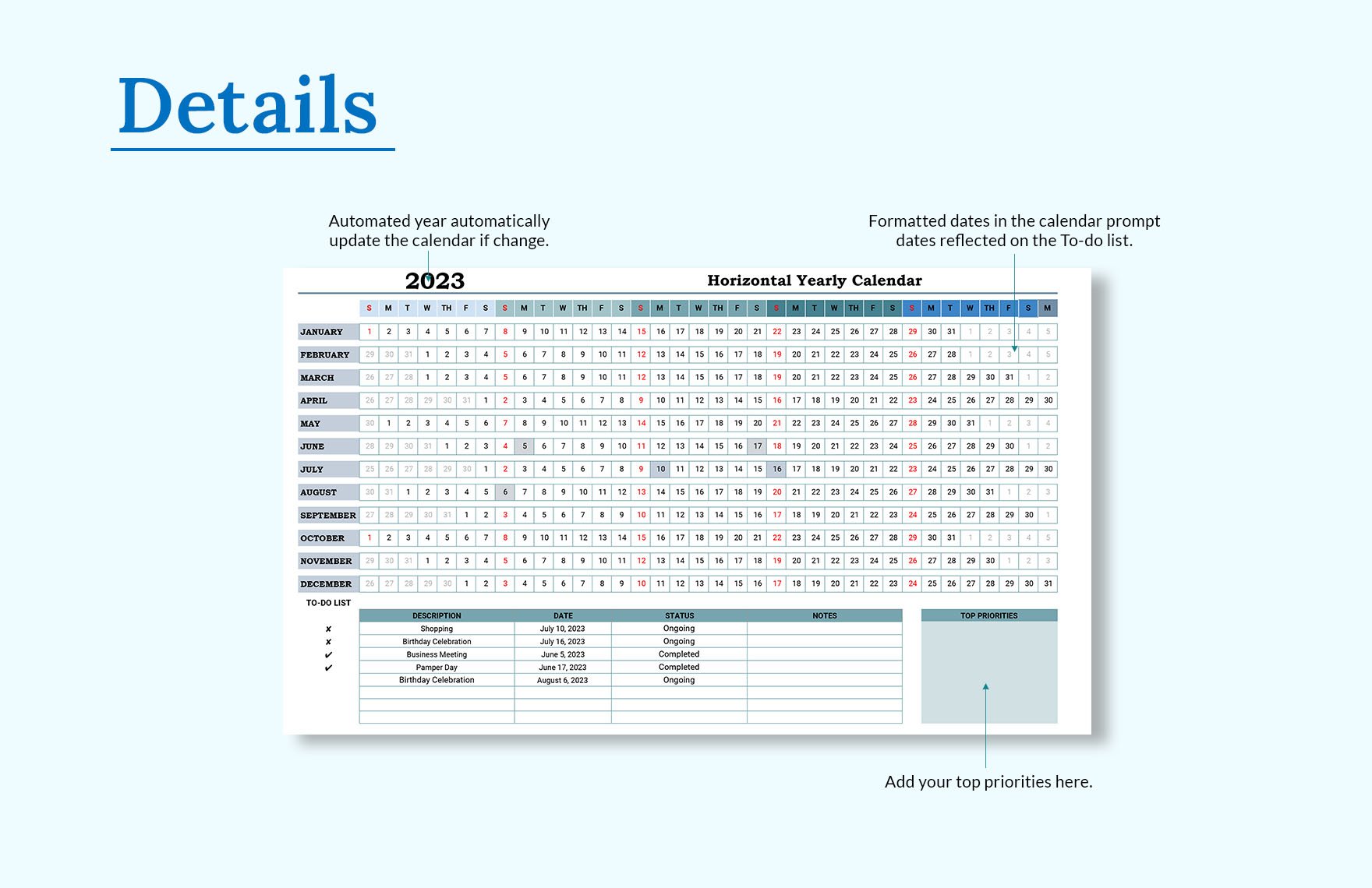 Horizontal Yearly Calendar Template in MS Excel, Google Sheets Download