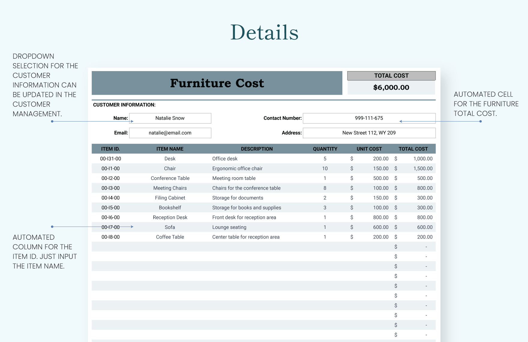 Furniture Cost Template Download in Excel, Google Sheets