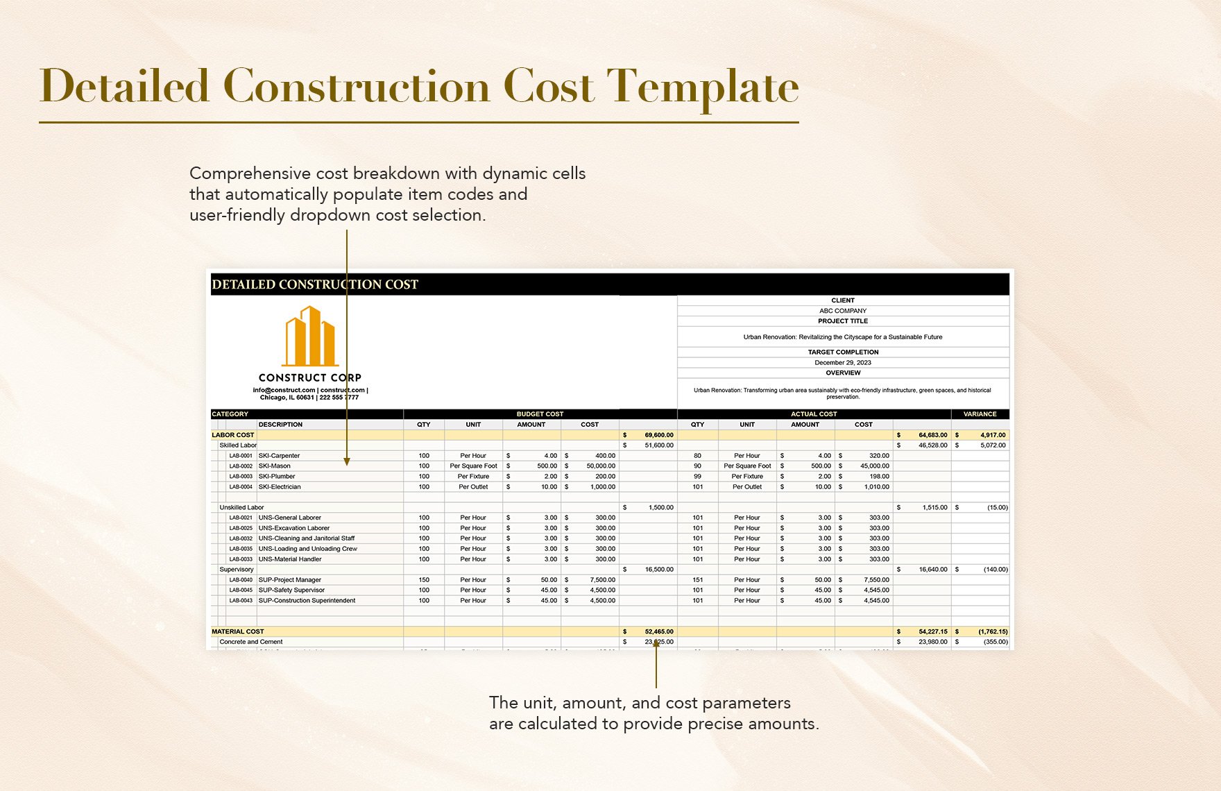 Detailed Construction Cost Template