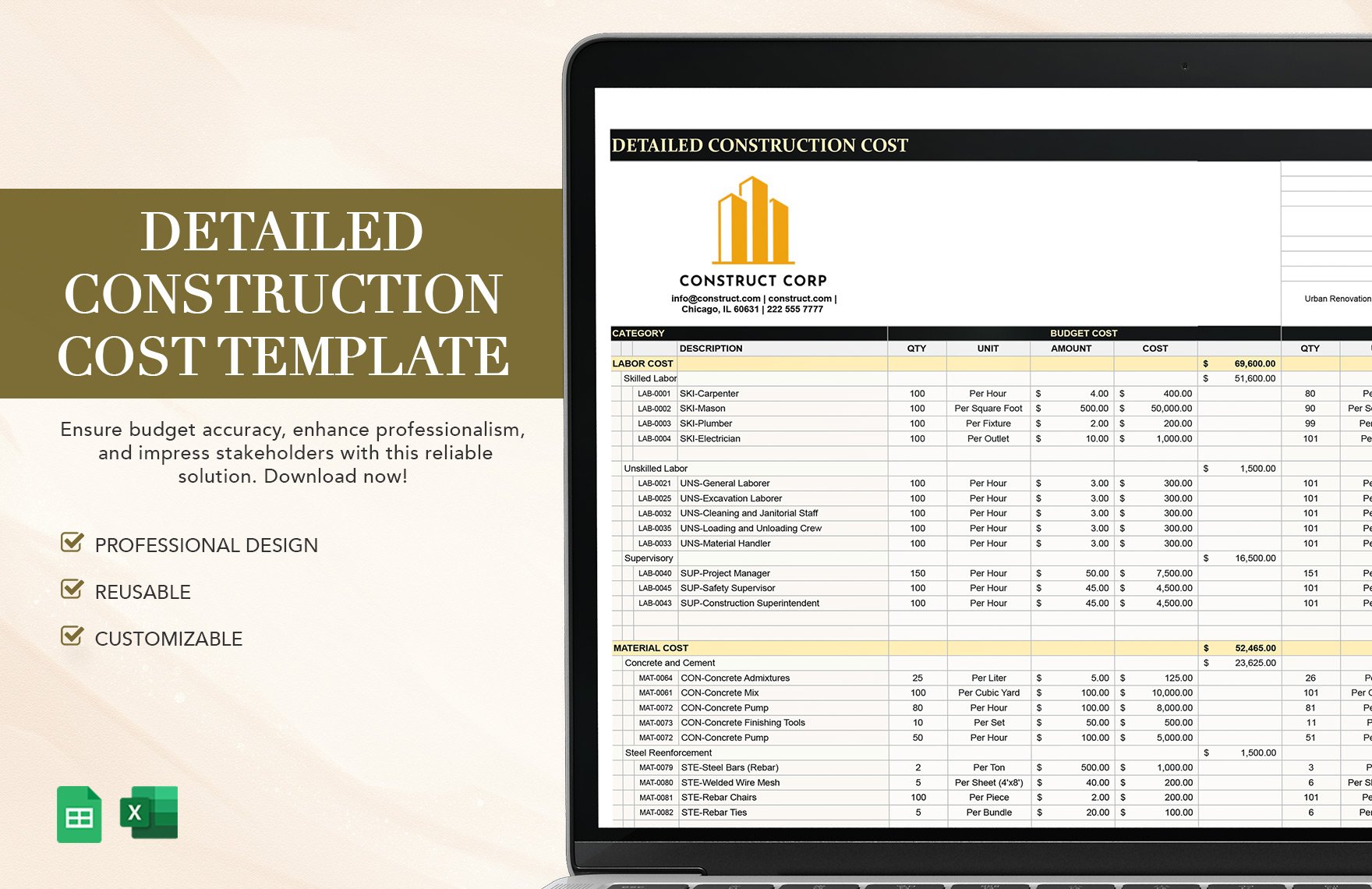 Detailed Construction Cost Template in Excel, Google Sheets