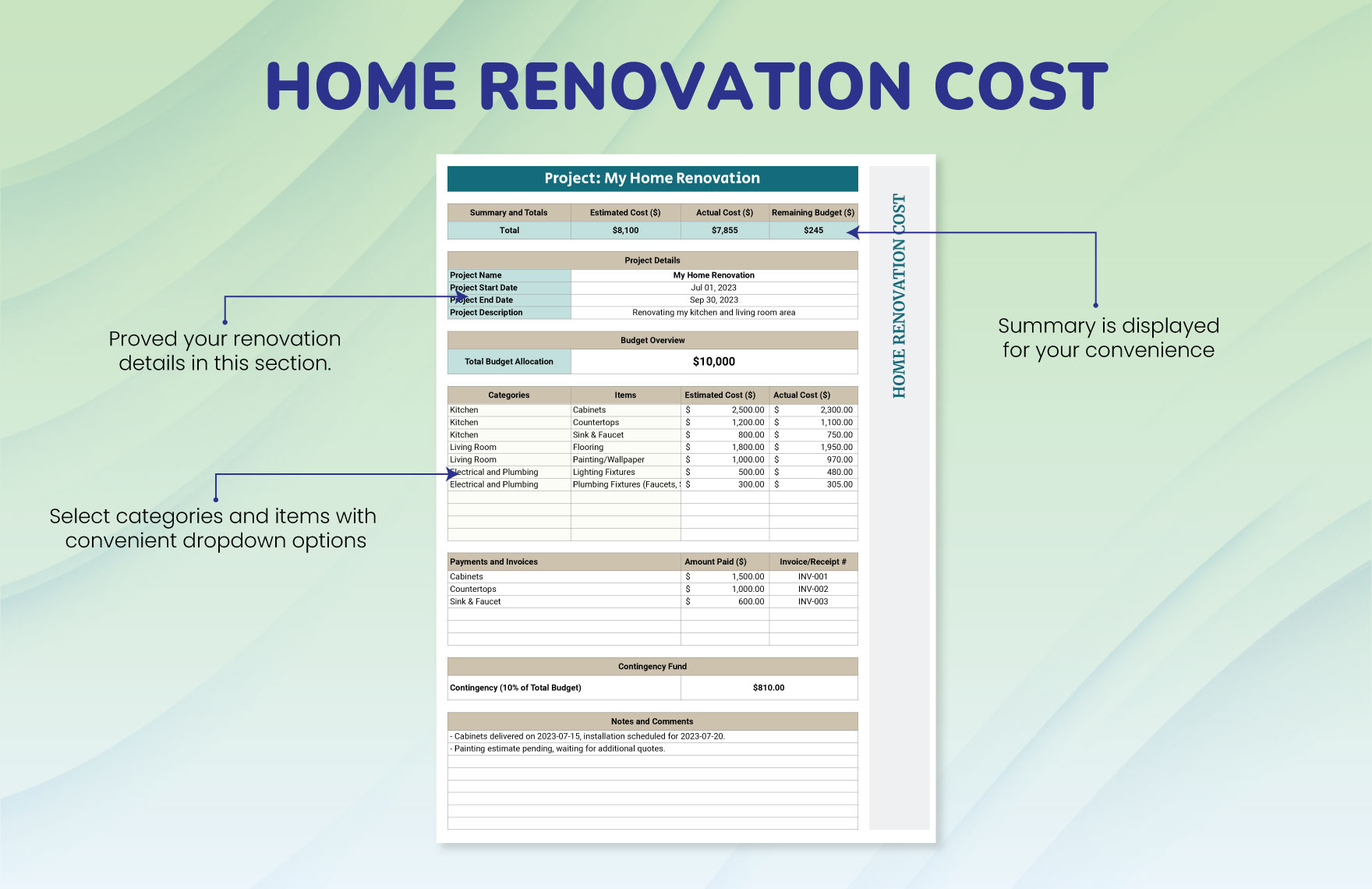 Home Renovation Cost Template