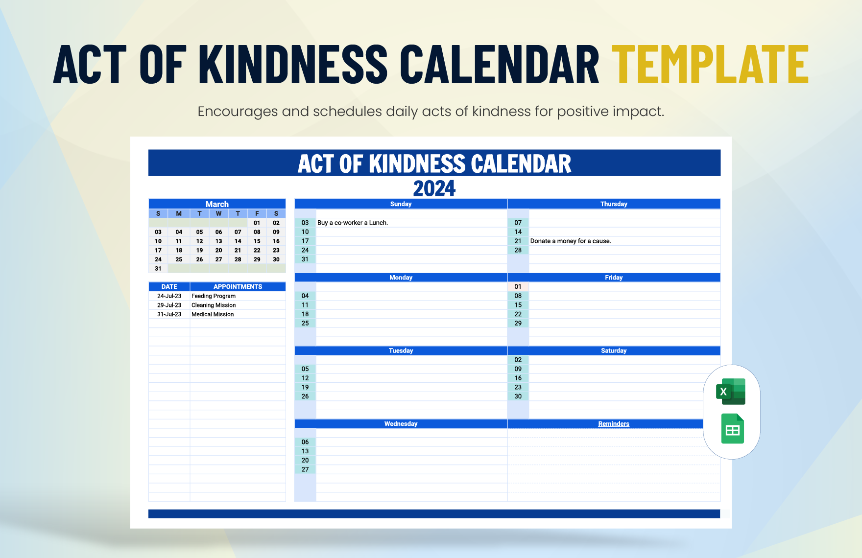 Act of Kindness Calendar Template in Excel, Google Sheets