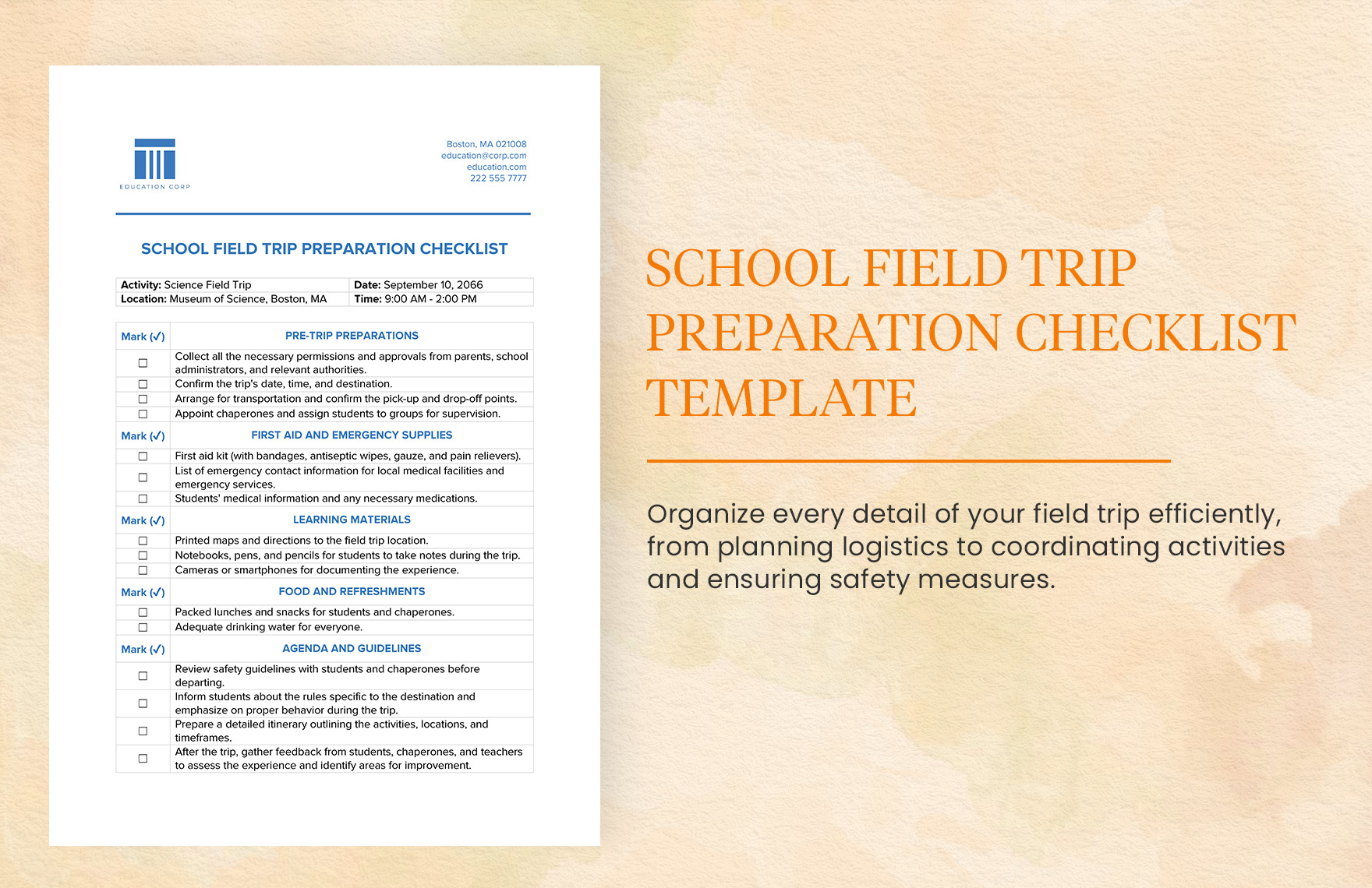 School Field Trip Preparation Checklist Template