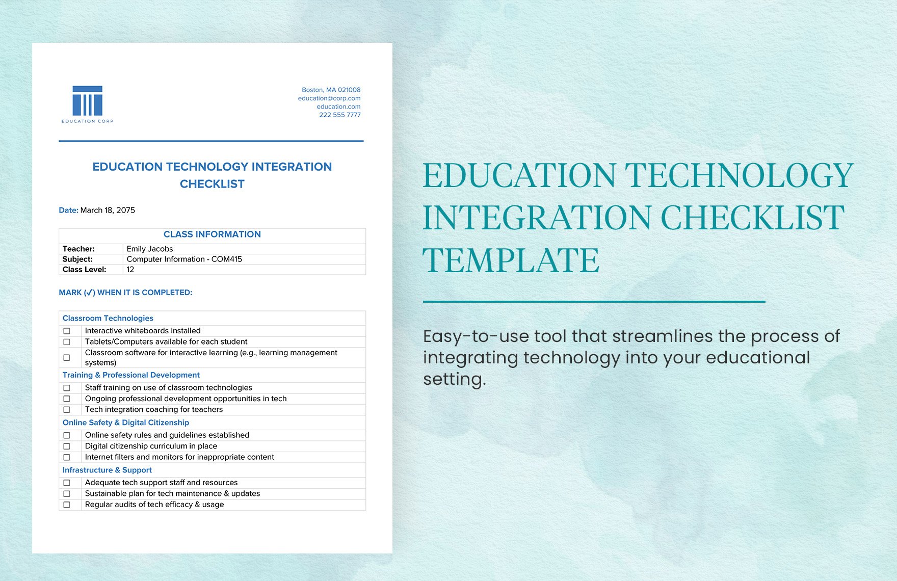 Education Technology Integration Checklist Template in Word, Google Docs, PDF