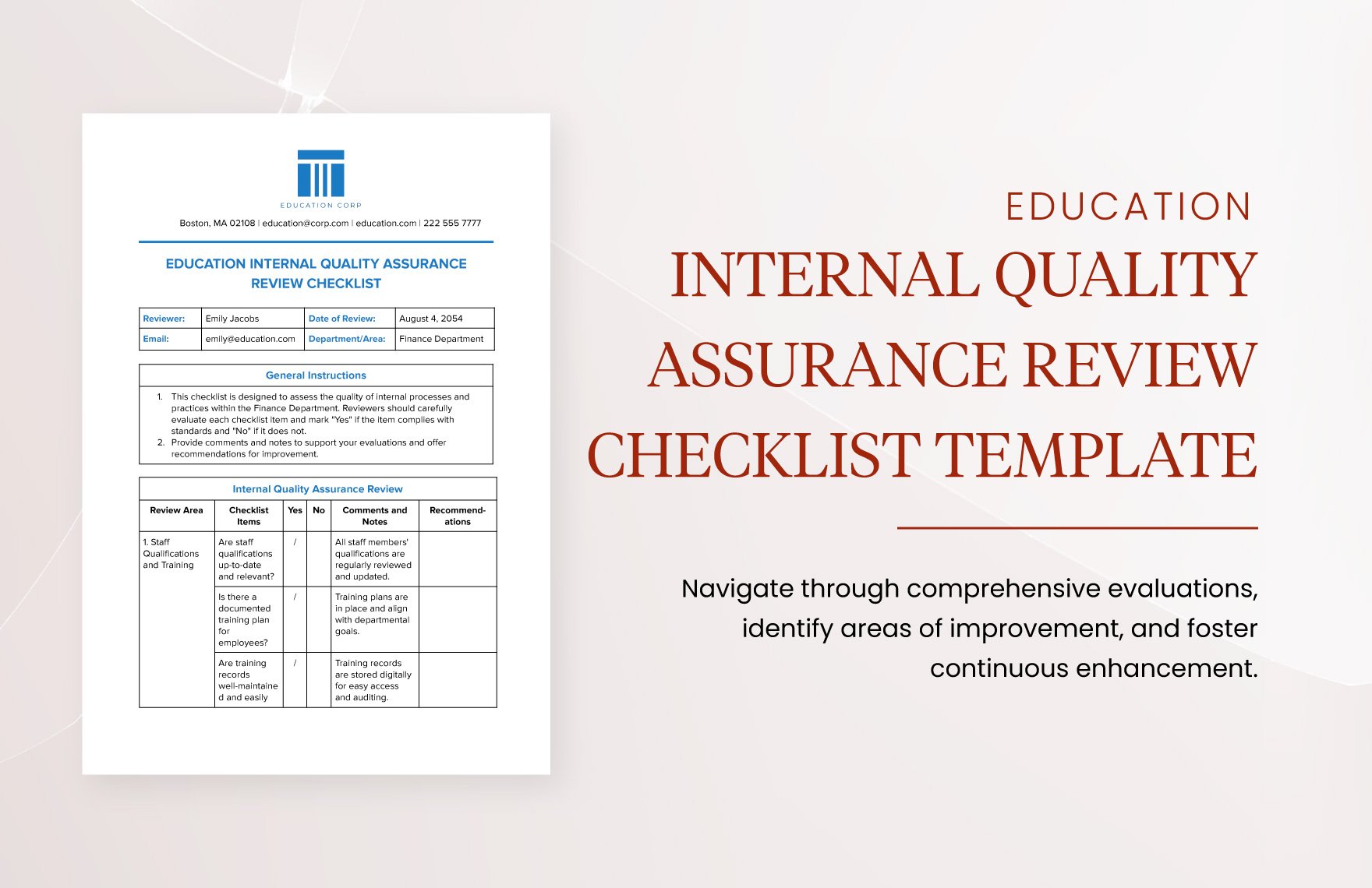 Education Internal Quality Assurance Review Checklist Template in Word, Google Docs, PDF