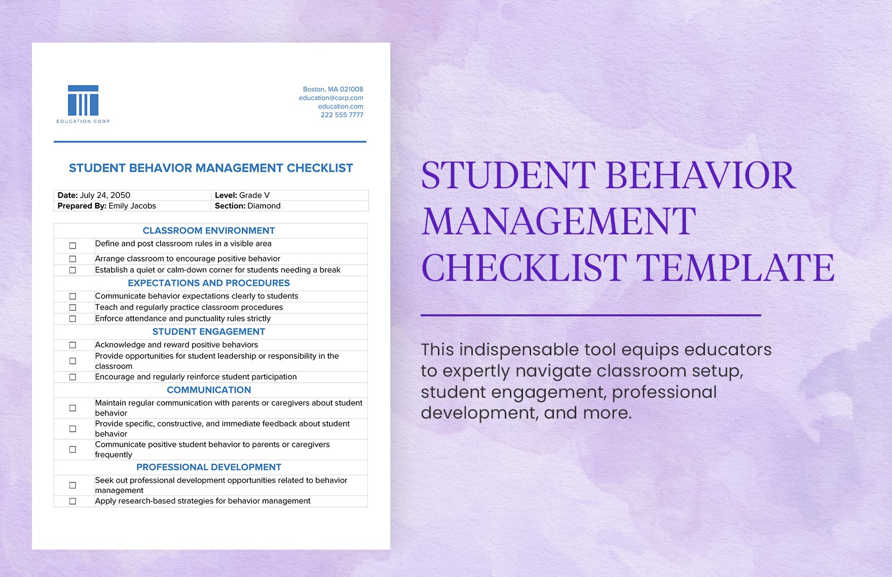Student Behavior Management Checklist Template